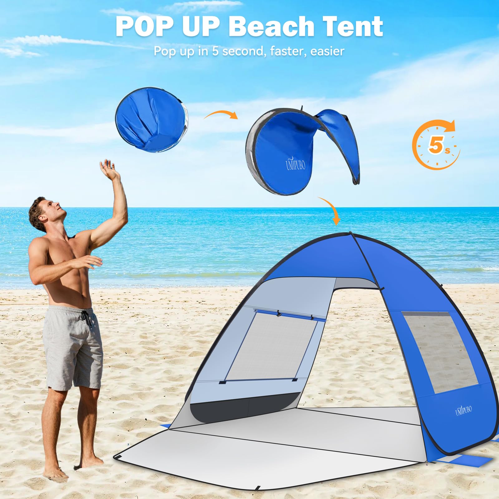 Pop Up Beach Tent UPF 50+ Shade Sun Shelter for 1-3 Persons Canopy Cabana with 2 Doors Easy Set Up Beach Umbrella(BU