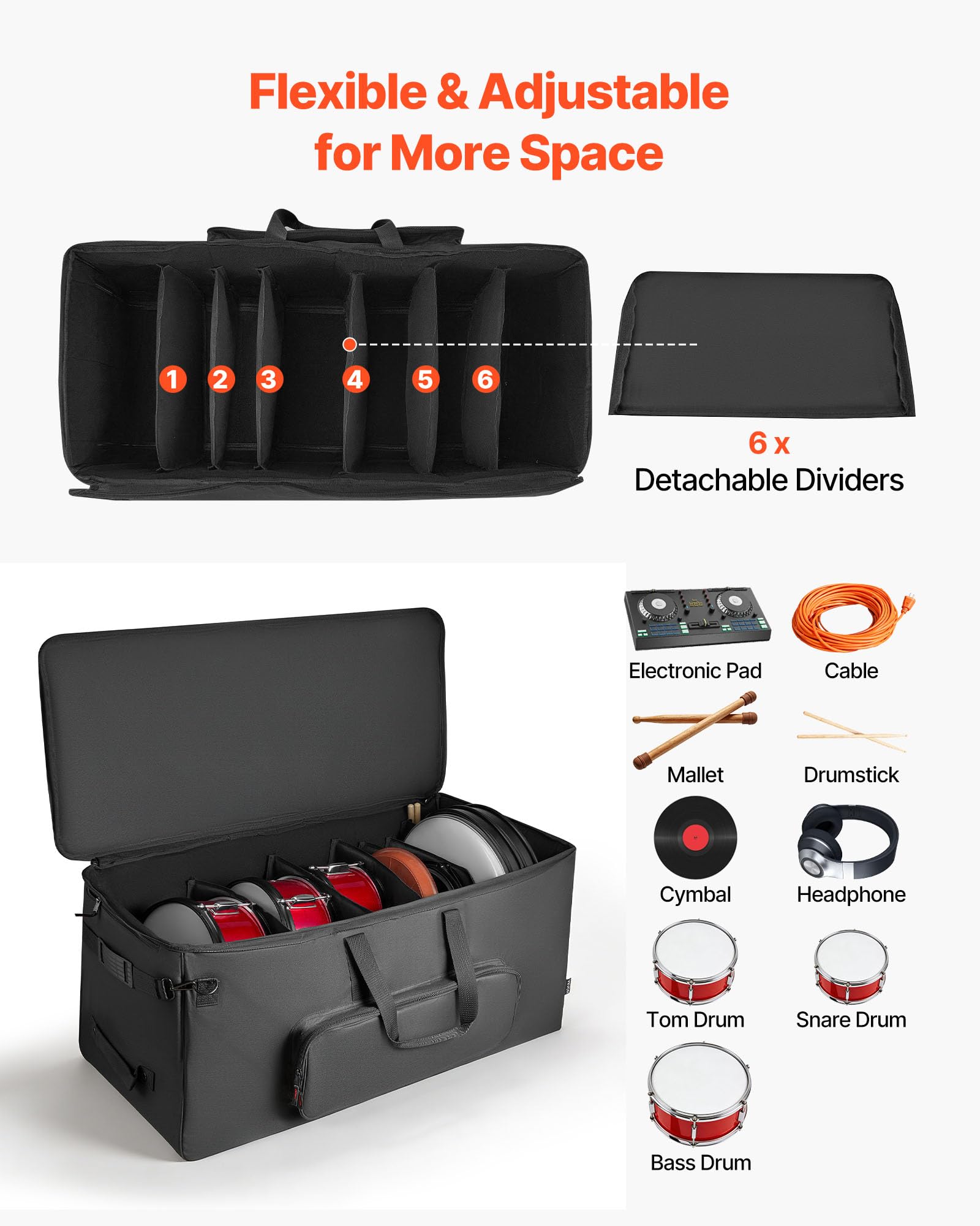VEVOR Sac à Roulettes pour Batterie Électronique, 600D, Housse de Transport Rembourrée, Intérieur 92x42x41 cm, Séparateurs Amovibles, Noir
