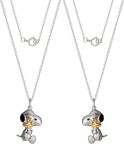 Miniatura 5 de Snoopy - Juego de 2 collares con colgante de Woodstock y Snoopy para mujer de plata de ley a juego de 18 pulgadas con licencia oficial Plata