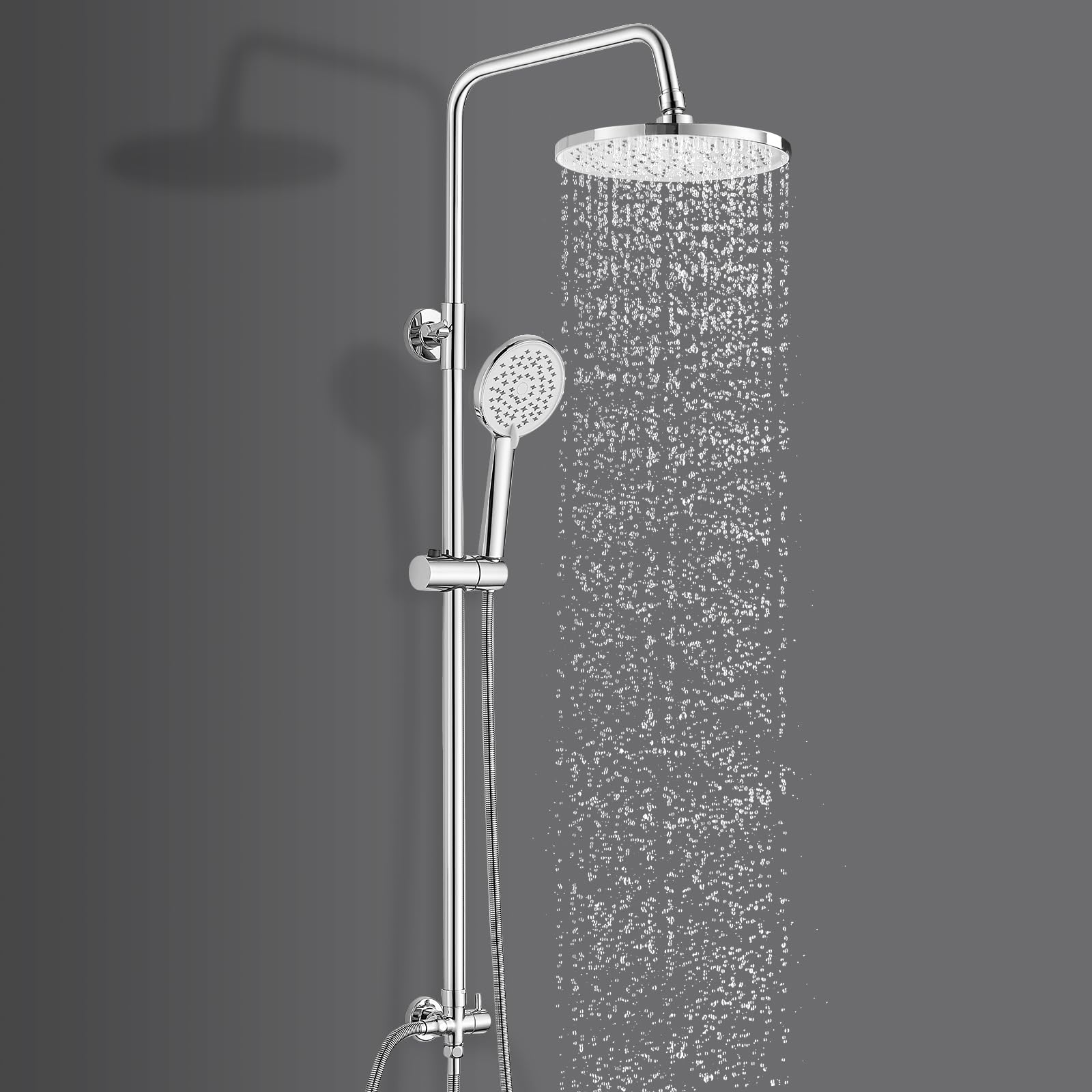 Kit asta doccia in acciaio inox, asta doccia e soffione senza rubinetto, 21 x 21 cm, soffione a pioggia e soffione portatile, cromato