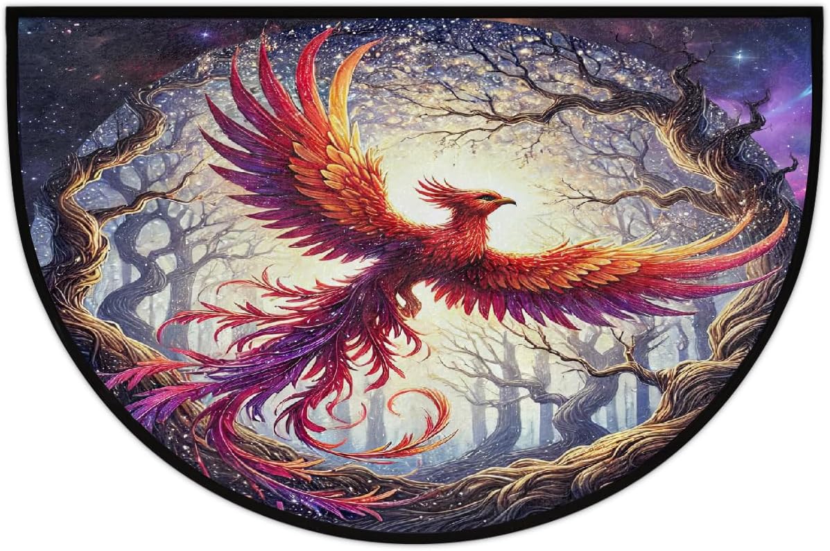 Half Round Door Mat Purple Galaxy Phoenix Animal Half Moon Rug Washable Phoenix Forest Half Circle Area Rugs Indoor Entrance Non Slip Semi Circle Bathroom Rugs for Kithen Bedroom Fireplace Decor