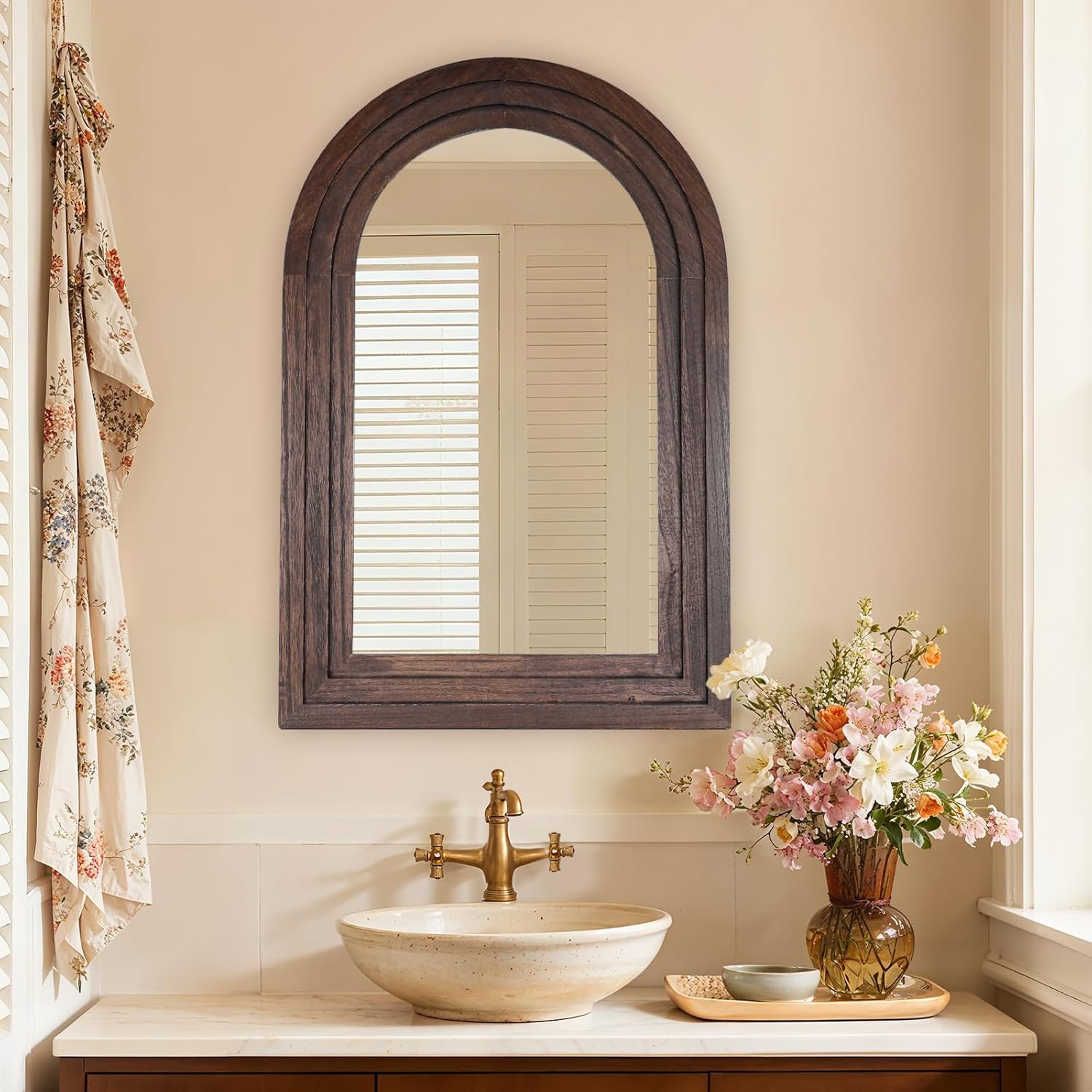 30"x20" Arched Wooden Frame Wall Mirror, Rustic Vanity Wall Mirror for Bathroom, Bedroom, Brown