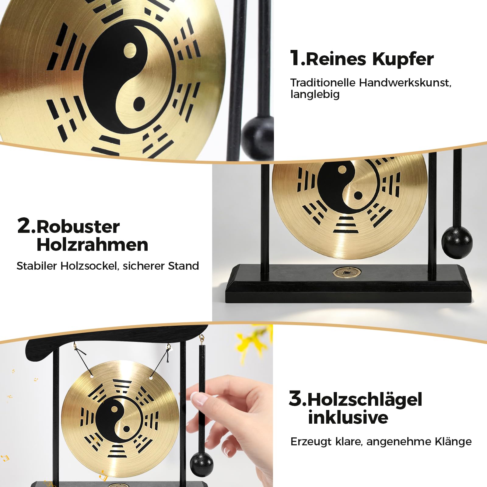 Mini Kupfer Gong mit Schlägel, Yin Yang Fengshui Deko Tischgong mit Holzsockel, Japanische Deko mit Taiji-Symbol und Klatschtafel für Zen Tischdekoration, Einzugsgeschenk (Bagua-Diagramm)