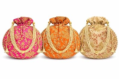 JDDCART Embroidered Wedding Return Gift Potli Bags with Pearl Handle Set of 3 for Women and Girls Round Shape Rani, Orange, Beige Colors 9 inch X 8.5 inch