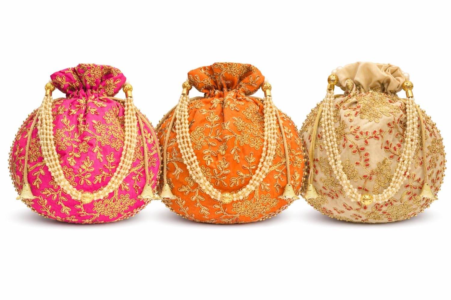 JDDCART Embroidered Wedding Return Gift Potli Bags with Pearl Handle Set of 3 for Women and Girls Round Shape Rani, Orange, Beige Colors 9 inch X 8.5 inch-picture-55