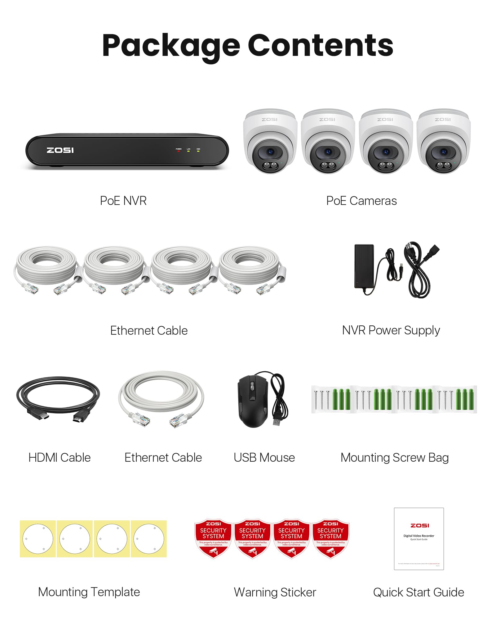 ZOSI 2.5K PoE Kit Telecamera Sorveglianza Esterna, NVR 8CH 5MP 500 GB, Telecamera Dome PoE 4MP con Audio Bidirezionale, Rilevamento di Persone, Visione Notturna fino a 30 m, Accesso a Distanza | Telecamera Dome PoE 4MP con Audio Bidirezionale, Rilevamento