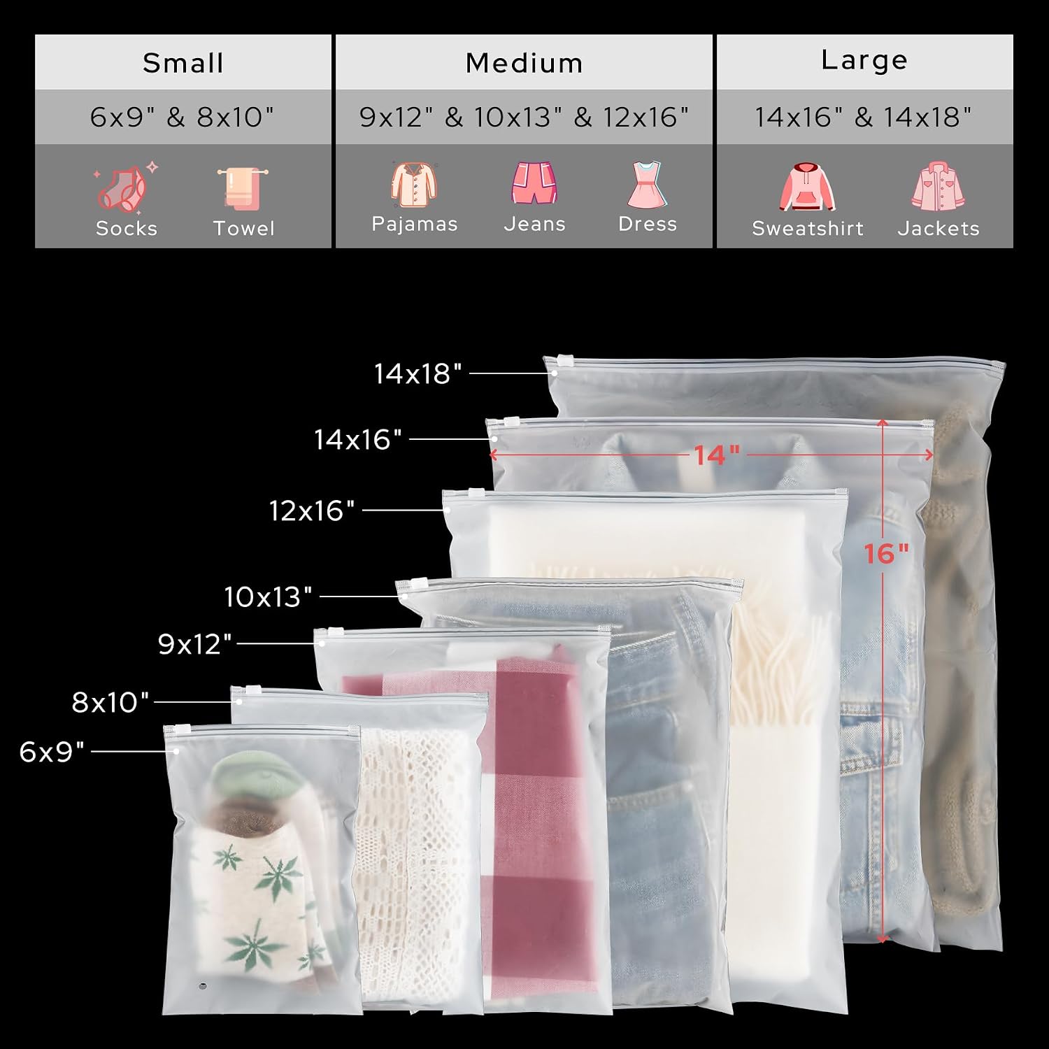 Golden State Art 14x16 Inch Frosted Zipper Plastic Bags, 50 Pack Clothes Shoes Storage Bags for Packing, Travel Essentials for Men and Women – 3 Mil Thick with Vent Holes