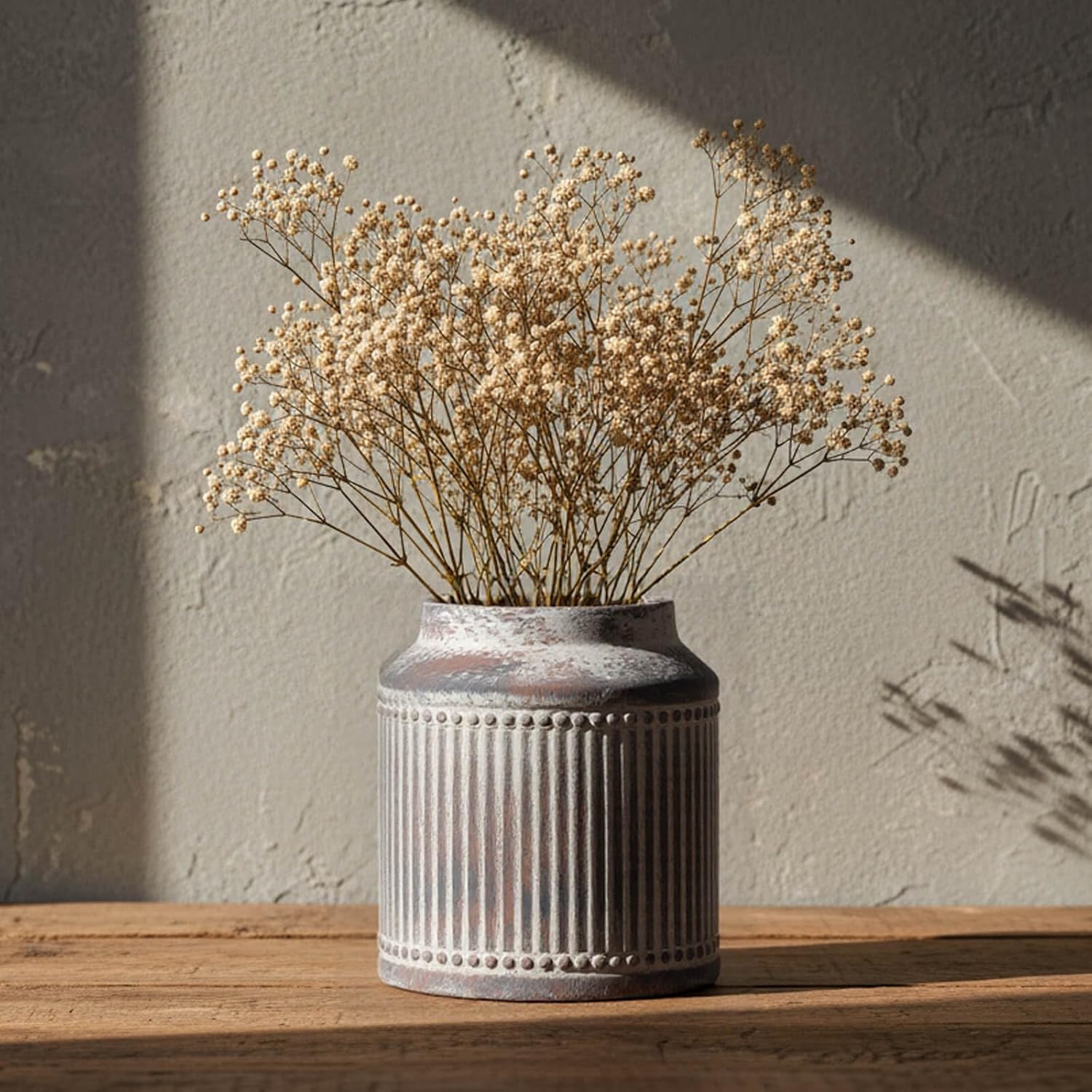 Ribbed Ceramic Vase, 7.32 Inch Gray Farmhouse Vase for Pampas Grass, Rustic Vintage Pottery Vase for Flowers, Dining Table Centerpiece, Coffee Table Shelf Entryway Decor