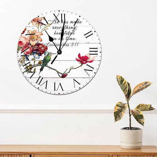 Miniatura 3 de ArogGeld He Made Everything Beautiful - Reloj de pared redondo de colibrí de flores rojas con números romanos, cita que dice 12 pulgadas,