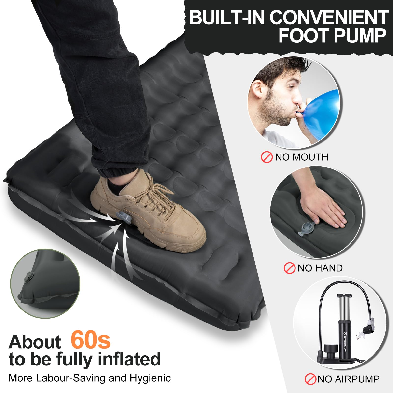 WARMTUYO Matelas isolant de camping - 12 cm - Gonflable - Petit encombrement - Étanche - Avec pompe à pied et coussin - Tapis de couchage antidérapant pour la randonnée et la plage