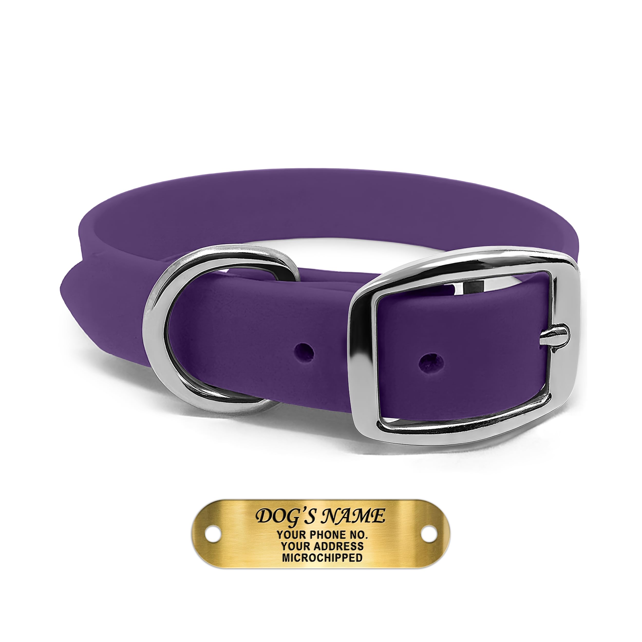 Regal Dog Products Large Purple Waterproof Dog Collars with Custom Engraved Name Plate | Vinyl Coated, Anti, Easy to Clean Personalized Biothane Dog