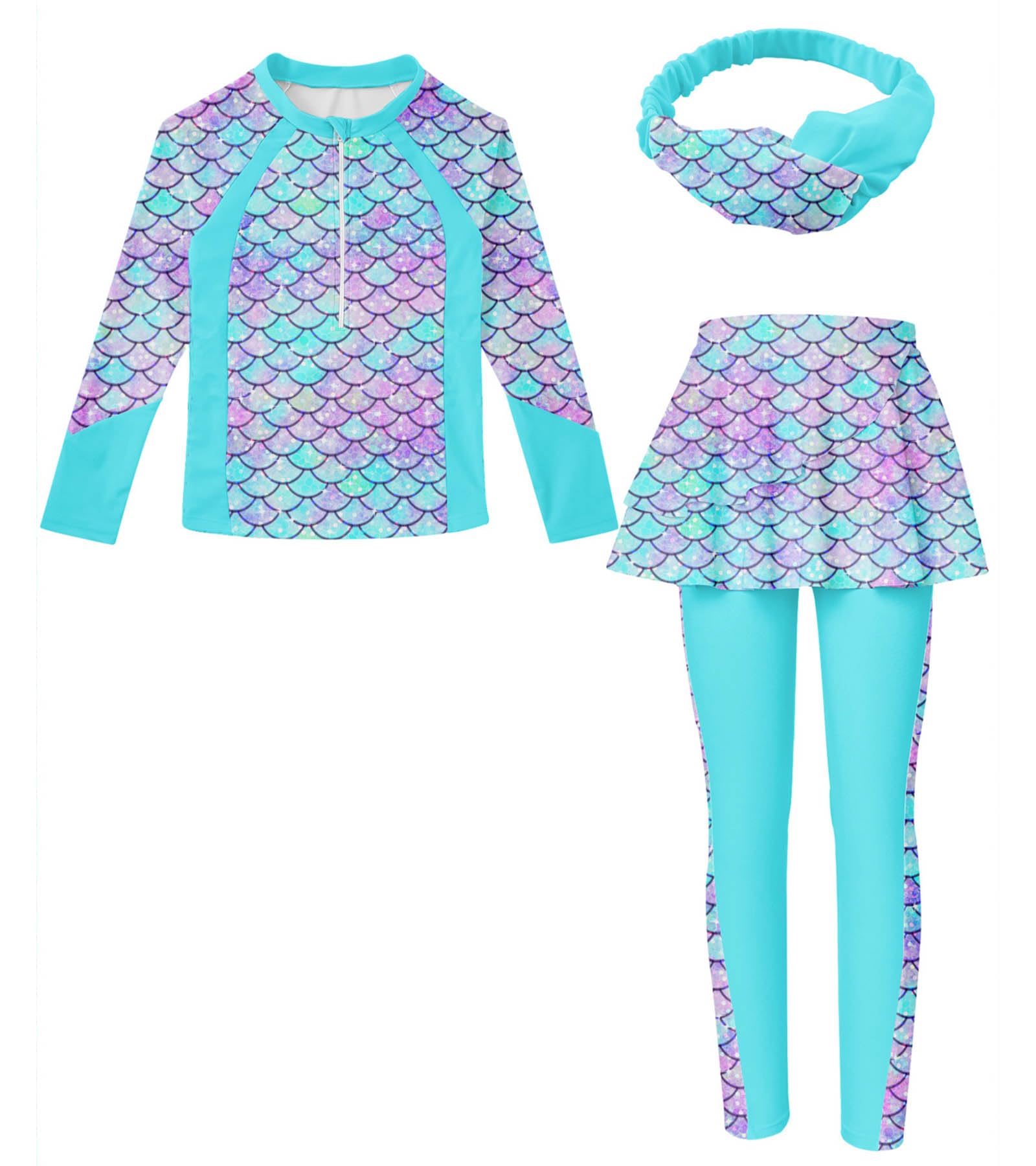 Girls Long Sleeve Rashguard Half Zip Swimsuits UPF 50+ Two Piece Swim Sets with Hairband 5-12Y | Two Piece Swim Sets with Hairband