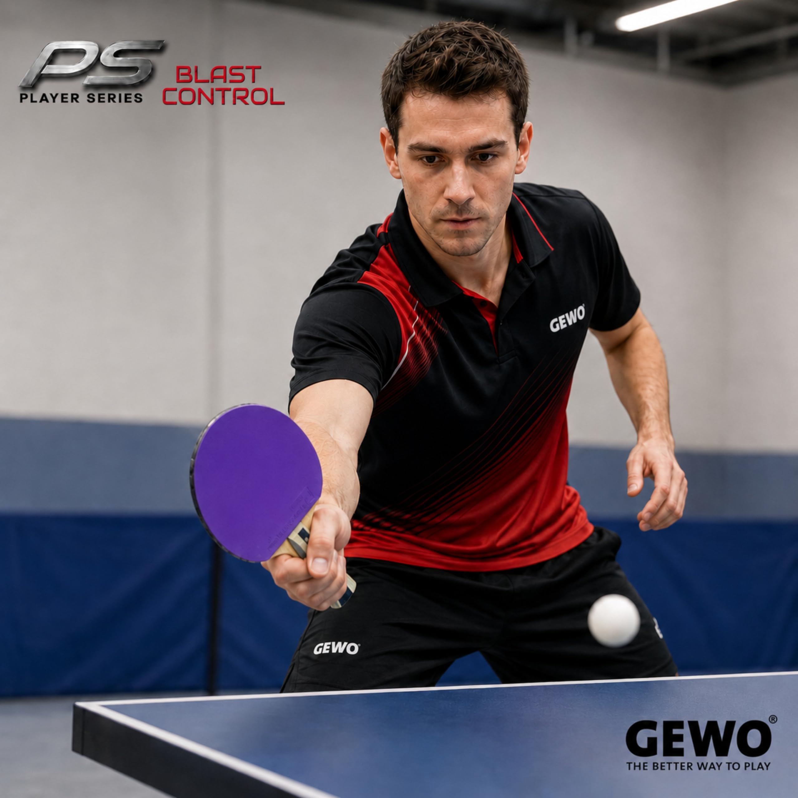 GEWO PS Blast Control - Raqueta de Ping Pong de Mesa Profesional aprobada por la ITTF con Revestimiento Thunderball 2 controlado y Altas propiedades de rotación, cóncava, Esponja de 1,8 mm