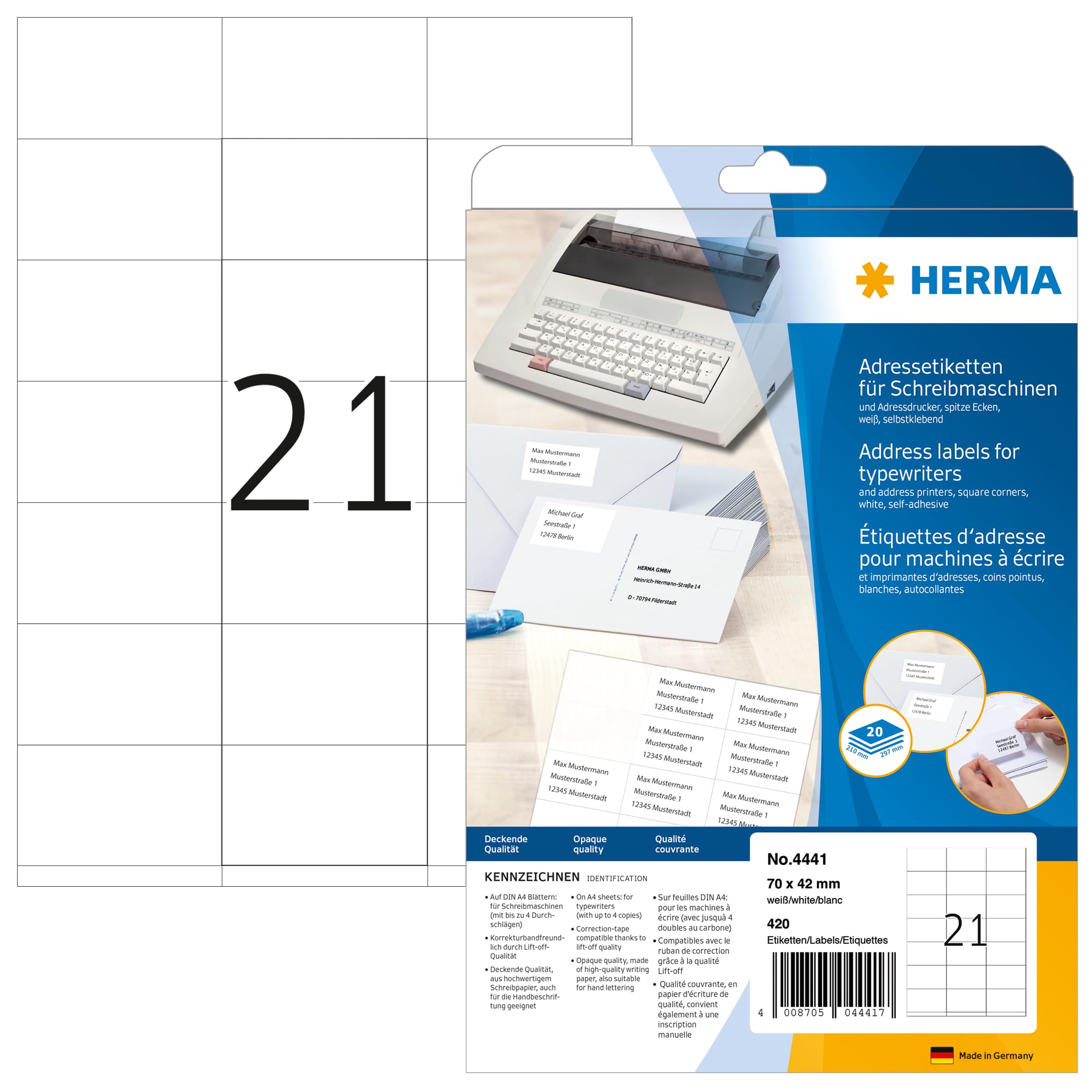 HERMA 4441 Adressetiketten für Schreibmaschinen – 70 x 42 mm, 420 Stück