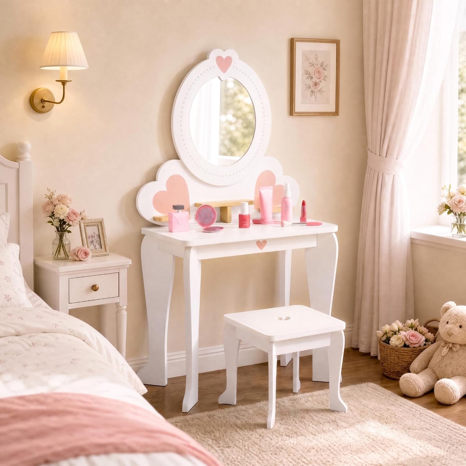 MAMIZO Kids Vanity with Mirror, Girls Dressing Makeup Table and Chair Set