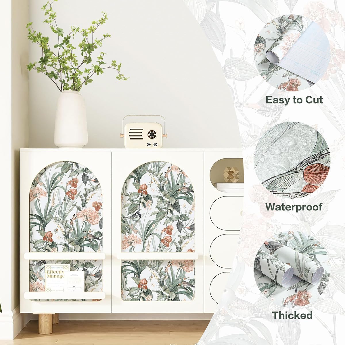 Jeweluck Floral Peel and Stick Wallpaper Vintage Floral Wallpaper 16.9” x 118.1” Bird Wall Paper Peel and Stick Birds Contact Paper Green Leaf Removable Self Adhesive Decorative for Bathroom Vinyl