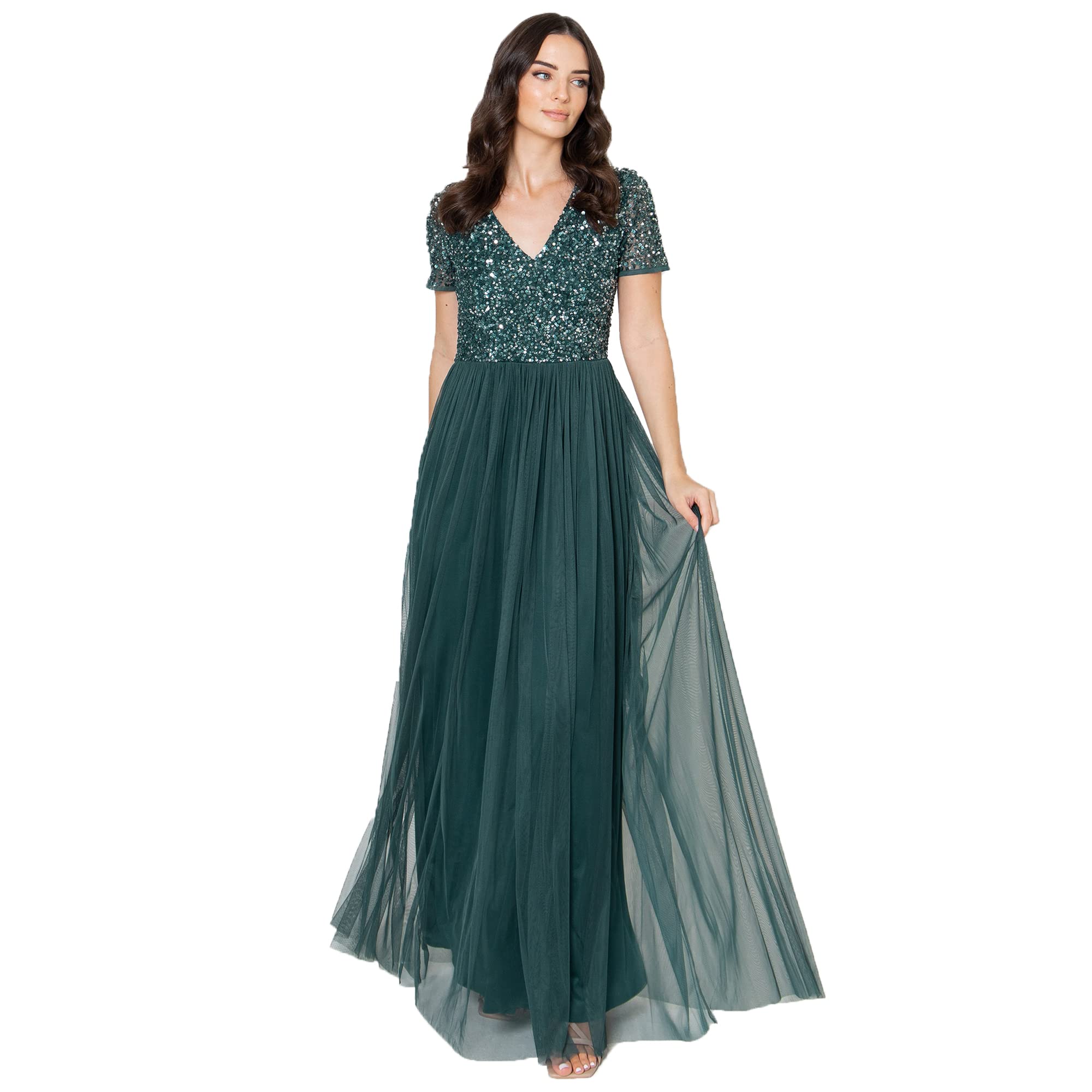 Maya Deluxe Damen Ballkleid Abendkleid V-ausschnitt Maxi Länge Pailletten Kurze Ärmel Für Hochzeit Geburtstag Brautjungfer Bridesmaid Dress, Emerald Green, 36 EU