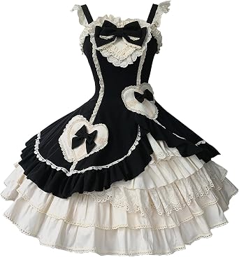 Sweet Lolita JSK Jumper Dress Lace Trim Bow Detail Heart Pockets Tiered Ruffle Corset Back Cosplay Costumes