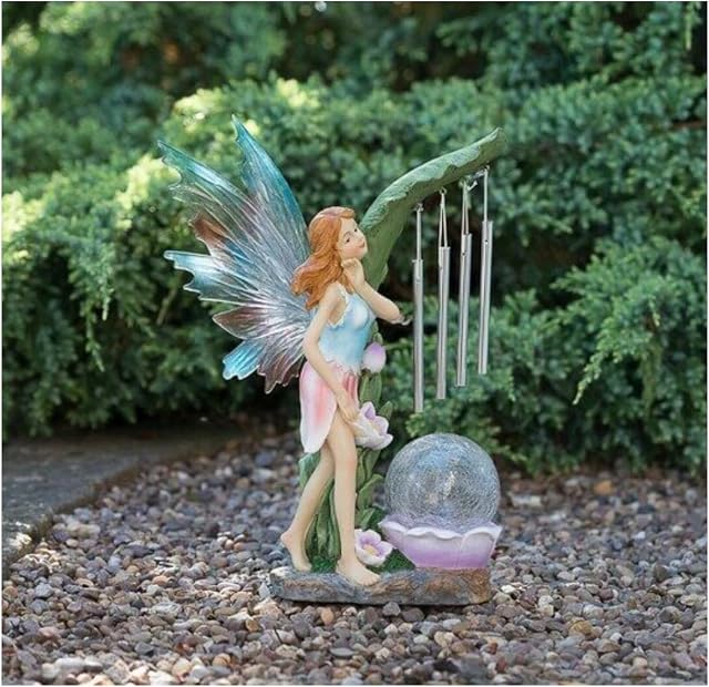 Spot on dealz® Fairy Garden Ornaments Outdoor with Wind Chime Colour Changing LED Solar Powered garden Statues Fairies Tale Large waterproof Figurine Crackle Ball Home Decor