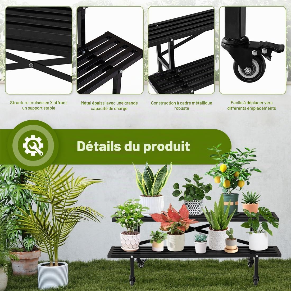 Étagère à Fleurs 2 Étages Métal roulettes Noir pour Intérieur et Extérieur