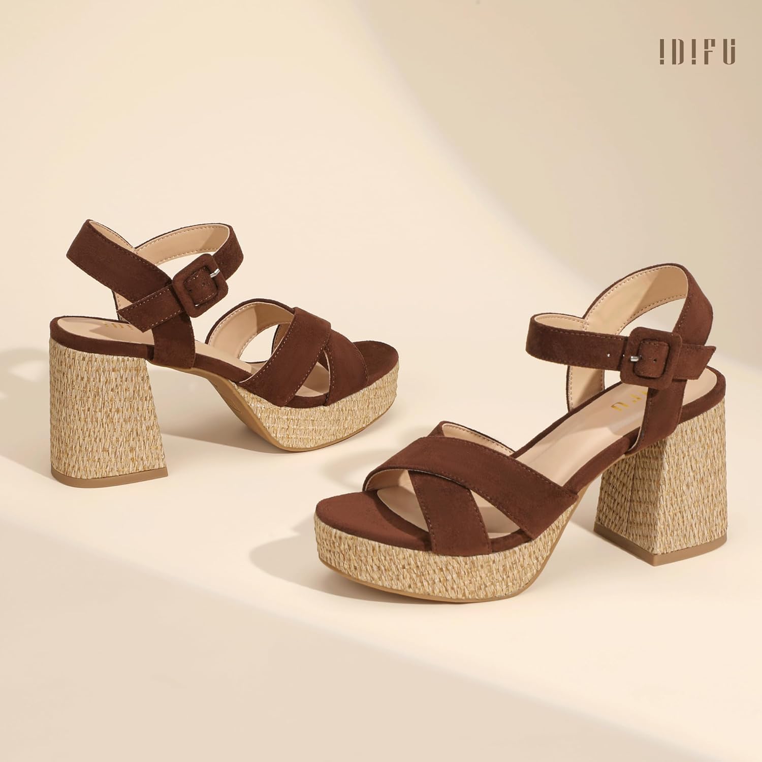 IDIFU Women's Raffia Platform Chunky Heels Block High Heel Sandals Round Open Toe Ankle Strap Shoes Comfortable Party Dressy Daily Heels
