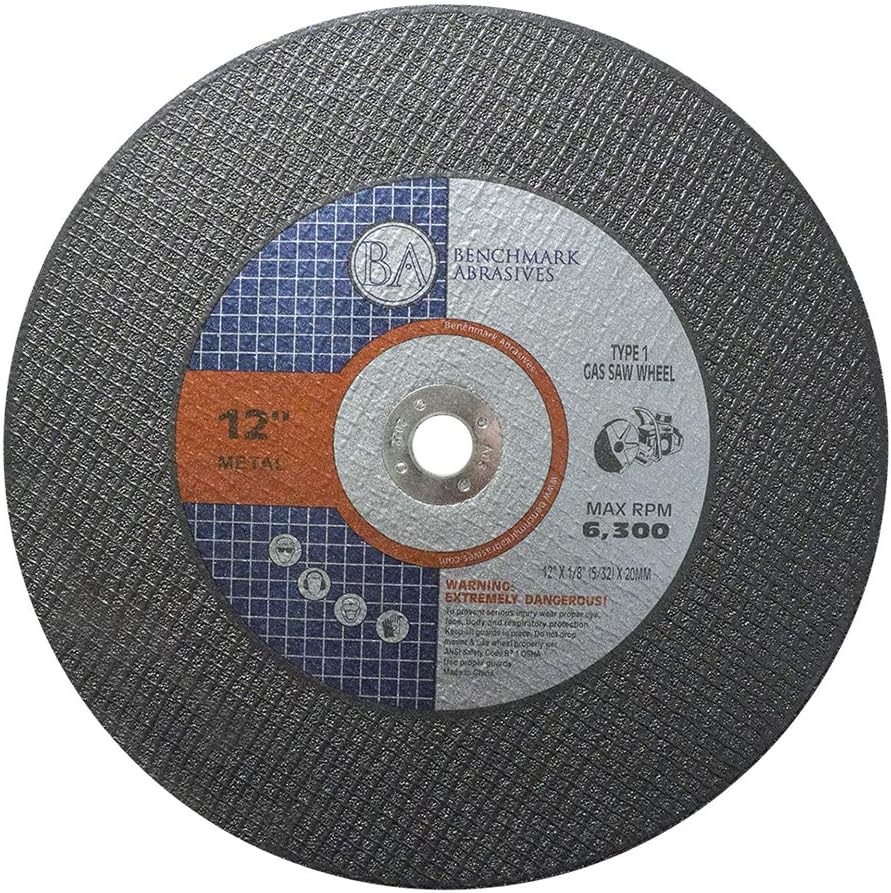Benchmark Abrasives High Speed 12" x 1/8" (5/32") T1 Gas Saw Cut-Off Wheels for Cutting Ferrous Metals, Non-Ferrous Metals, Steel, Iron Pipe (10 Pack) - (20mm)