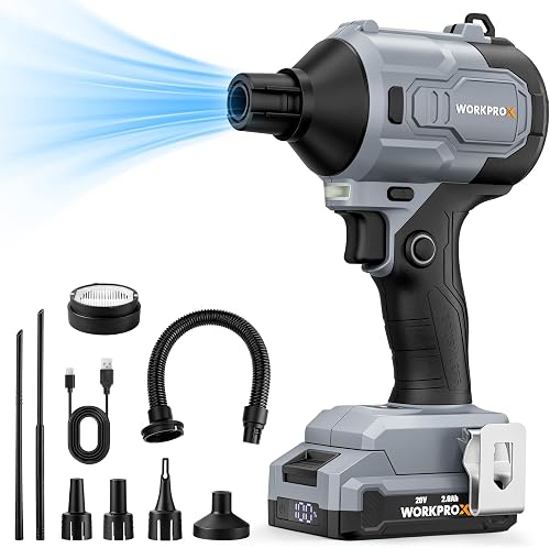 WORKPROX Compressed Air Duster 20V Max, 4-Speed Brushless Air Blower, Black | Powerful Electric Air Duster Rechargeable with 3 Nozzles and LED for PC, Keyboards, Car, Mattress Inflating, Home and Outdoor