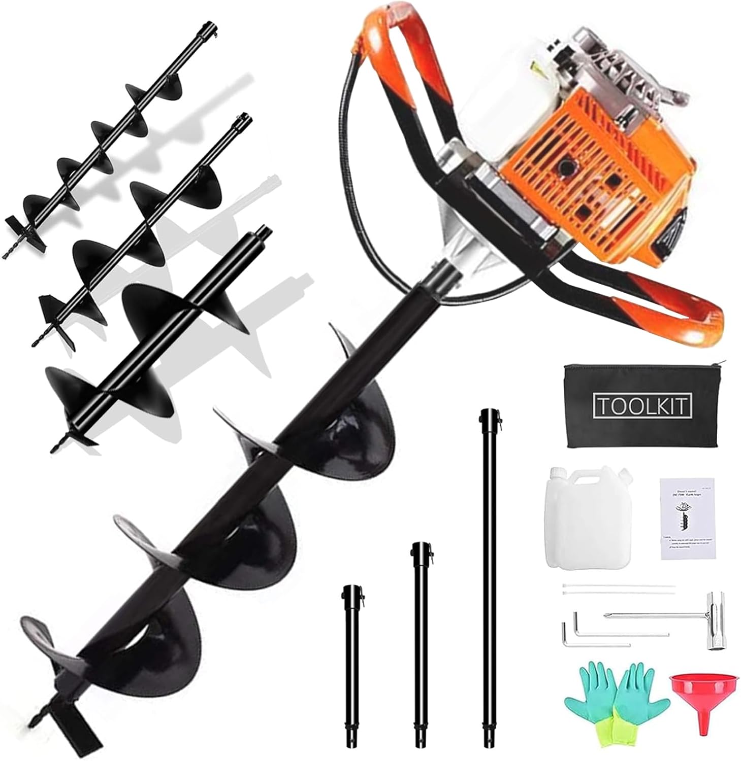 72CC Auger Post Hole Digger, 2 Stroke Gas Powered Earth Post Hole Digger with 3 Auger Drill Bits(4" & 6"& 8") + 3 Extension Rods (8"& 12"& 20") for Farm Garden Plant