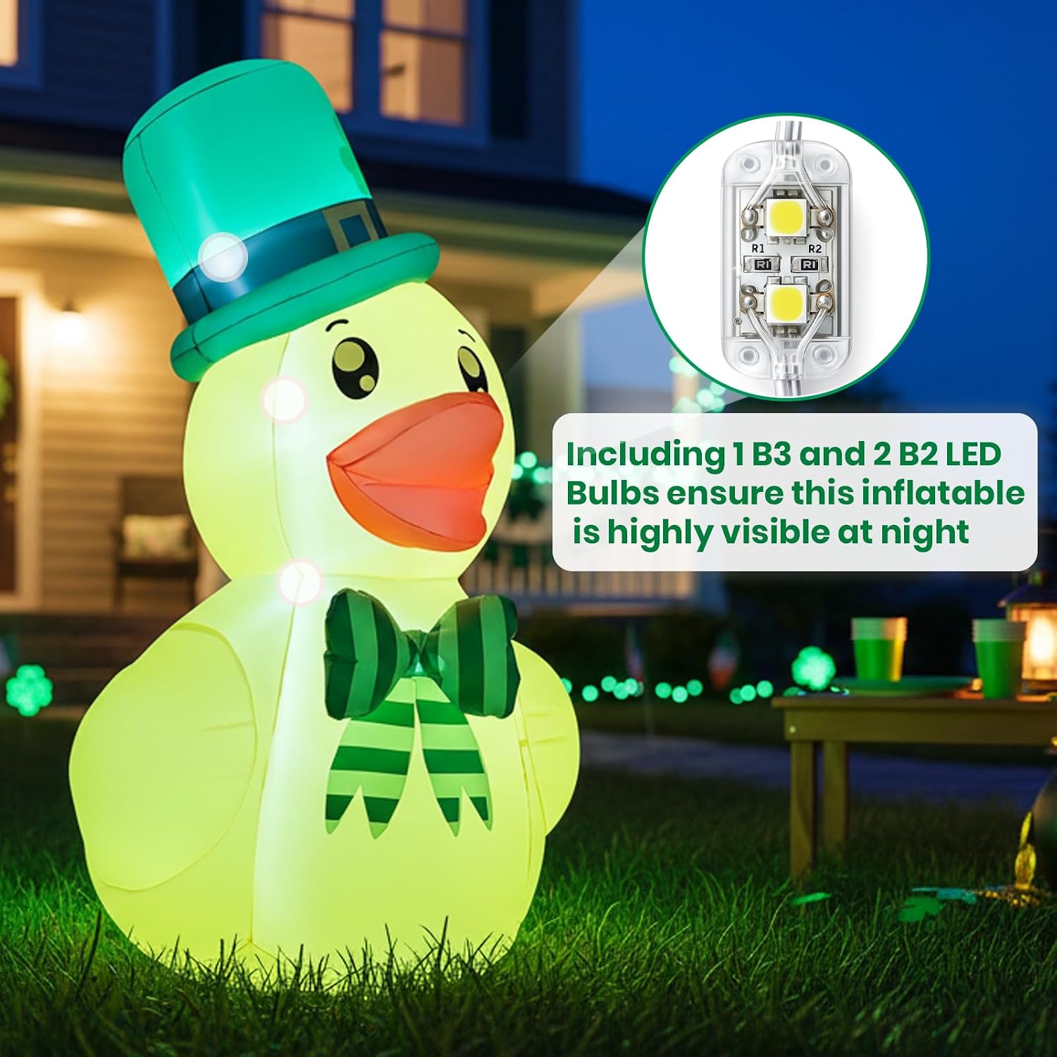 5FT St. Patrick's Day Inflatable Duck, Blow Up Duck with Shamrock Hat and Bow, Outdoor Decoration with LED Lights for Yard, Garden, Lawn, Home, Party Decor