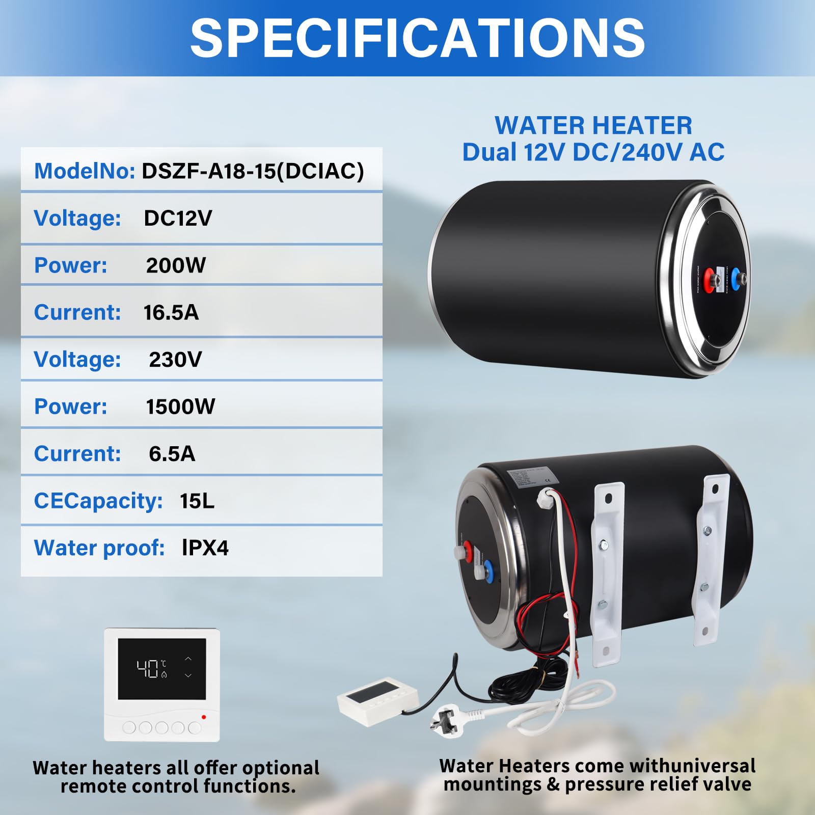 Chauffage à eau double puissance, 12 V CC 200 W/230 V CA 1500 W, 10 l, pour caravane, camping, prise EU 230 V RV, chauffe-eau instantané, pour camping-cars