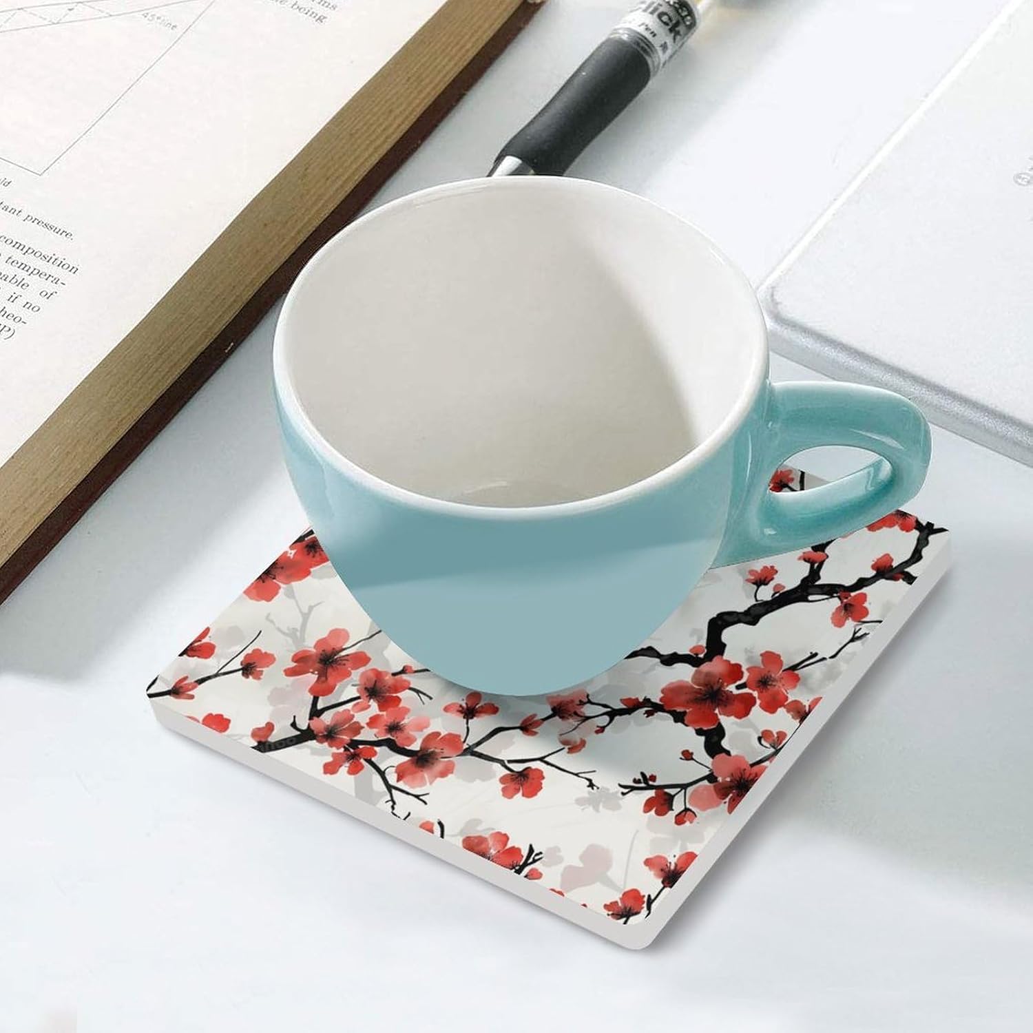 Cherryflower Coaster for Drinks Square Ceramic Table Coasters Stone Mat Crafts 4PCS Home Kitchen Decor