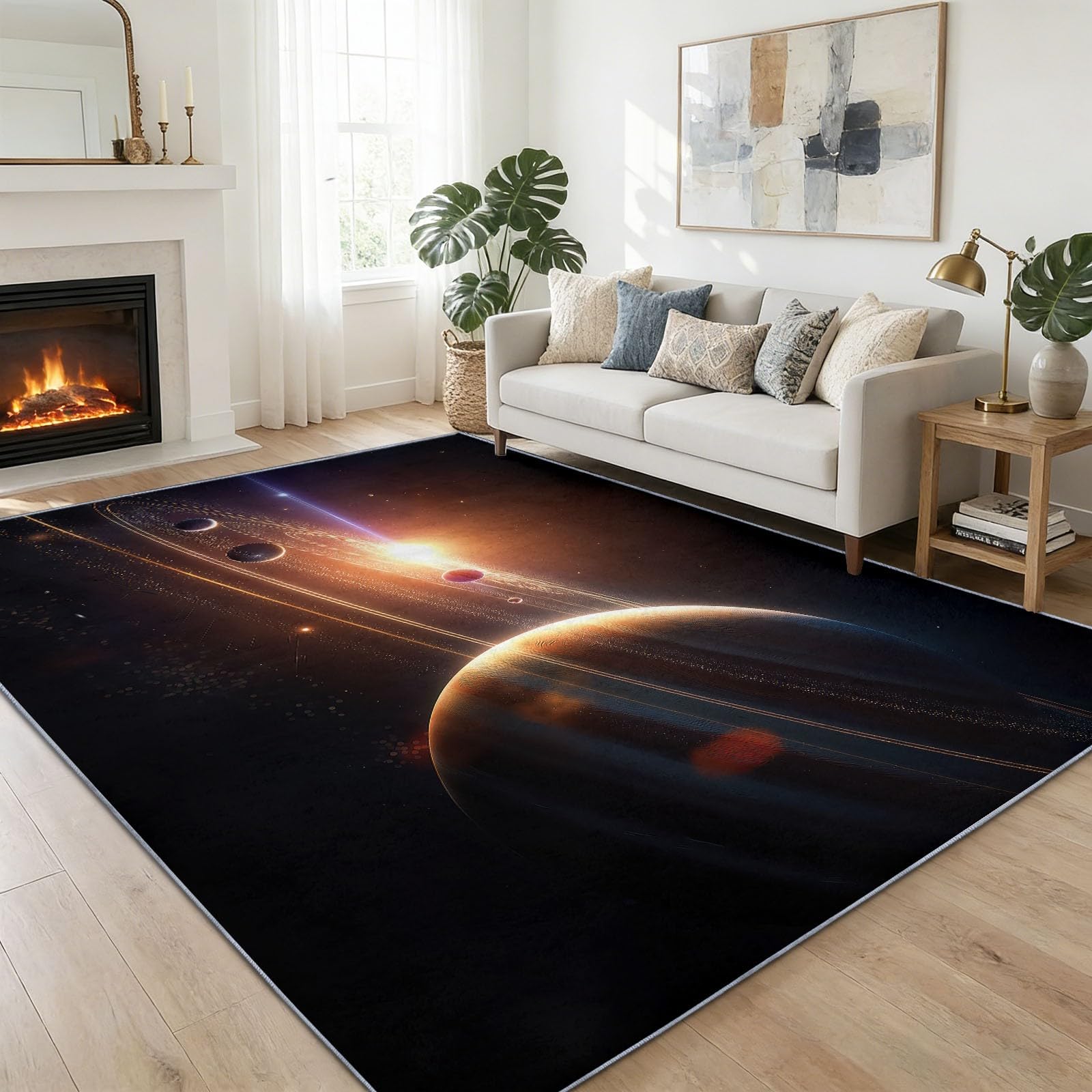 Waschbar Teppich Wohnzimmer 140 x 200 cm, Rutschfester Schwarz Wohnzimmerteppich - Kurzflor Hyperrealismus Sonnensystem Filmisch Planeten Teppiche Matte für Schlafzimmer Esszimmer Office Kinderzimmer