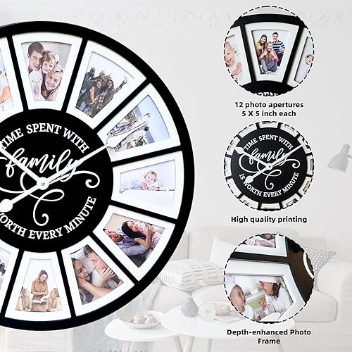 Miniatura 4 de MODE HOME Reloj de pared de 24 pulgadas con marco de fotos, silencioso grande para decoración de sala de estar, reloj decorativo a pilas con marcos