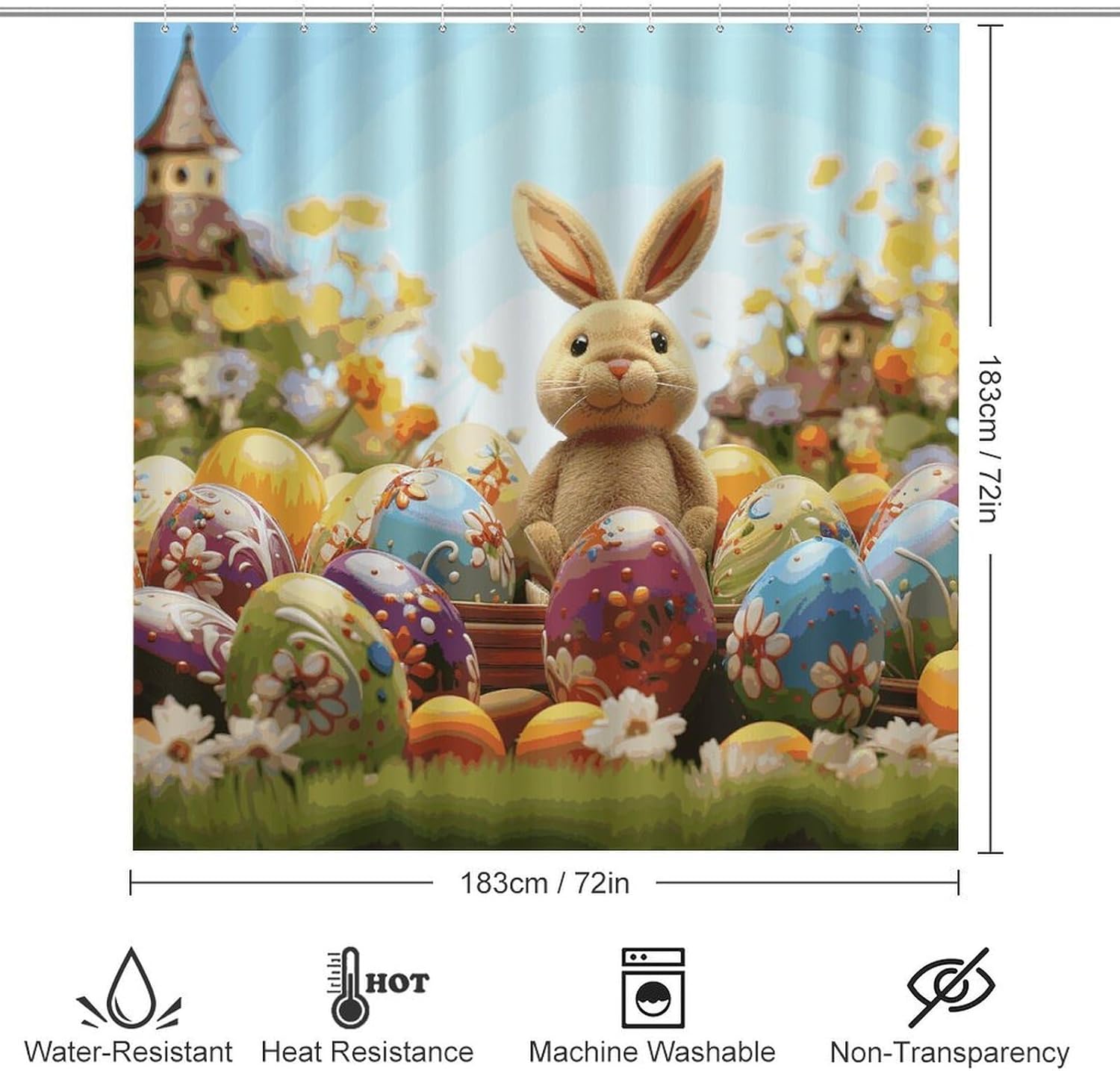 Easter Colorful Eggs 4Pcs Shower Curtain Set with Non-Slip Rugs, Toilet Lid Cover and Bath Mat,Bathroom Set Decor Accessories,Curtain Set with 12 Hooks, 72 X 72 Inch