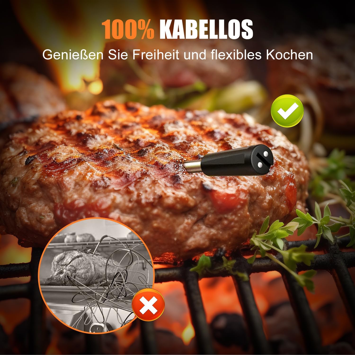 INSMART Smart Fleischthermometer, Grillthermometer mit 100m Reichweite, Bluetooth Bratenthermometer mit App, Multi-Sensor-Technologie, geeignet für Backöfen, Grills, Smoker, Küchen, IPX7 wasserdicht
