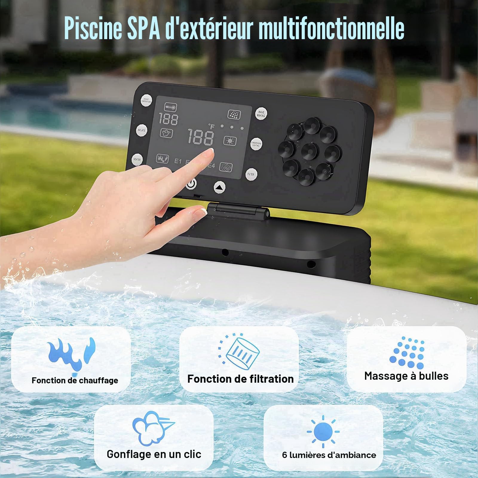 Spa Gonflable Tout-en-Un, Baignoire à Remous pour 4-6 Personnes avec Chauffage Économique et Jets à Bulles, Oasis Ultime pour Jardin, Incluant Couverture Isotherme et Éclairage LED L