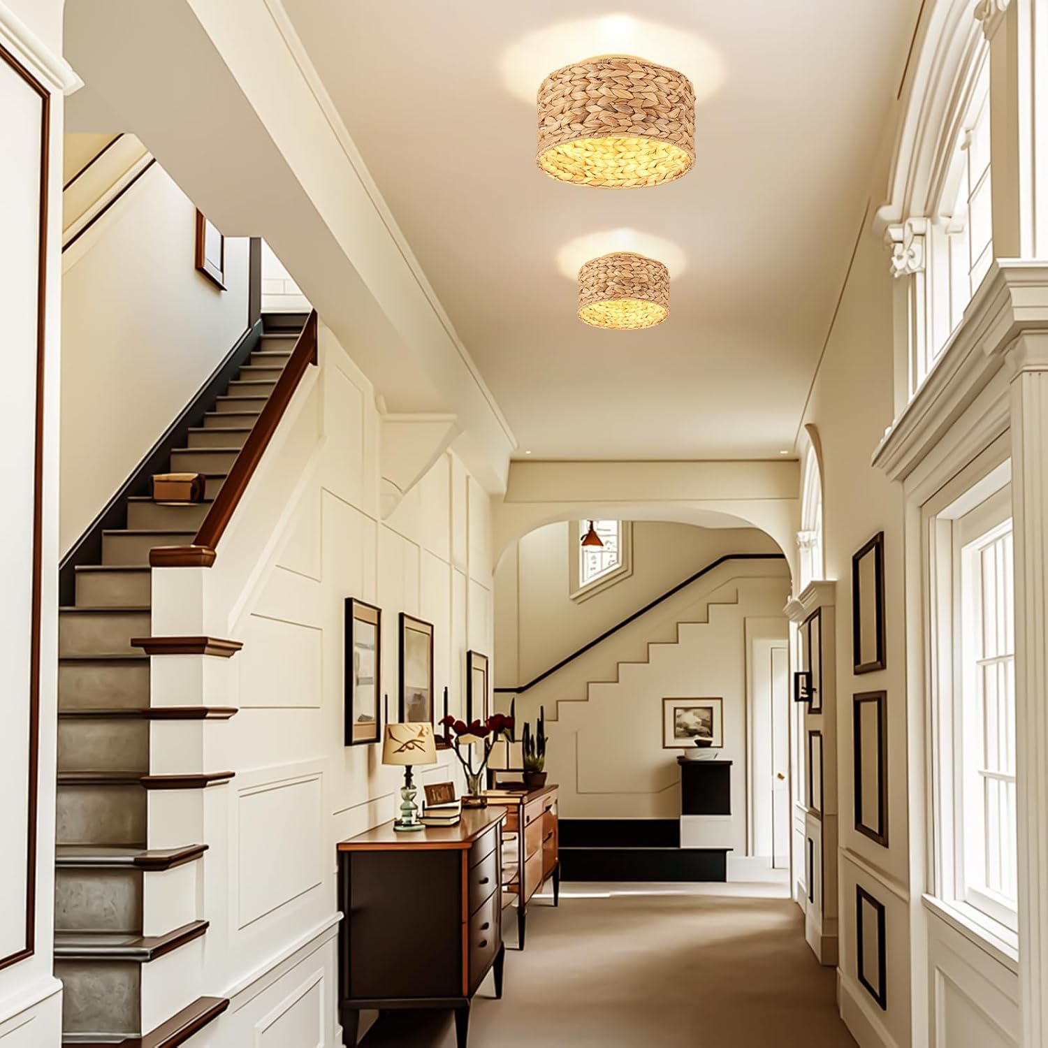 Boho Light Fixture Handwoven Rattan Semi-Flush Ceiling Light - 11.8ft Cord, 1-Light Eco-Friendly Bohemian Style for Bedroom/Kitchen/Farmhouse | Low-Carbon Rattan Woven Lighting