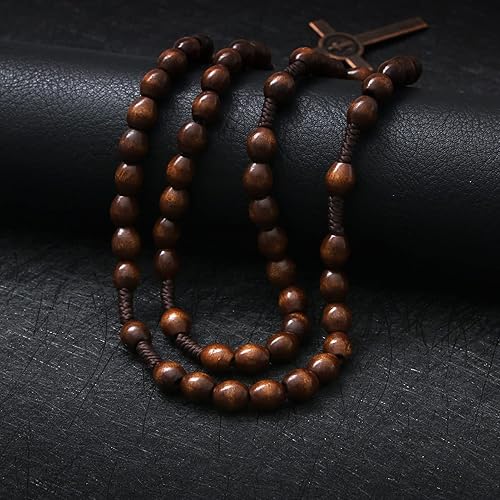 Miniatura 4 de KOMI Rosarios católicos de madera hechos a mano, collar de cuentas de rosario de madera de Belén, medalla de suelo santo y cruz de metal para regalo