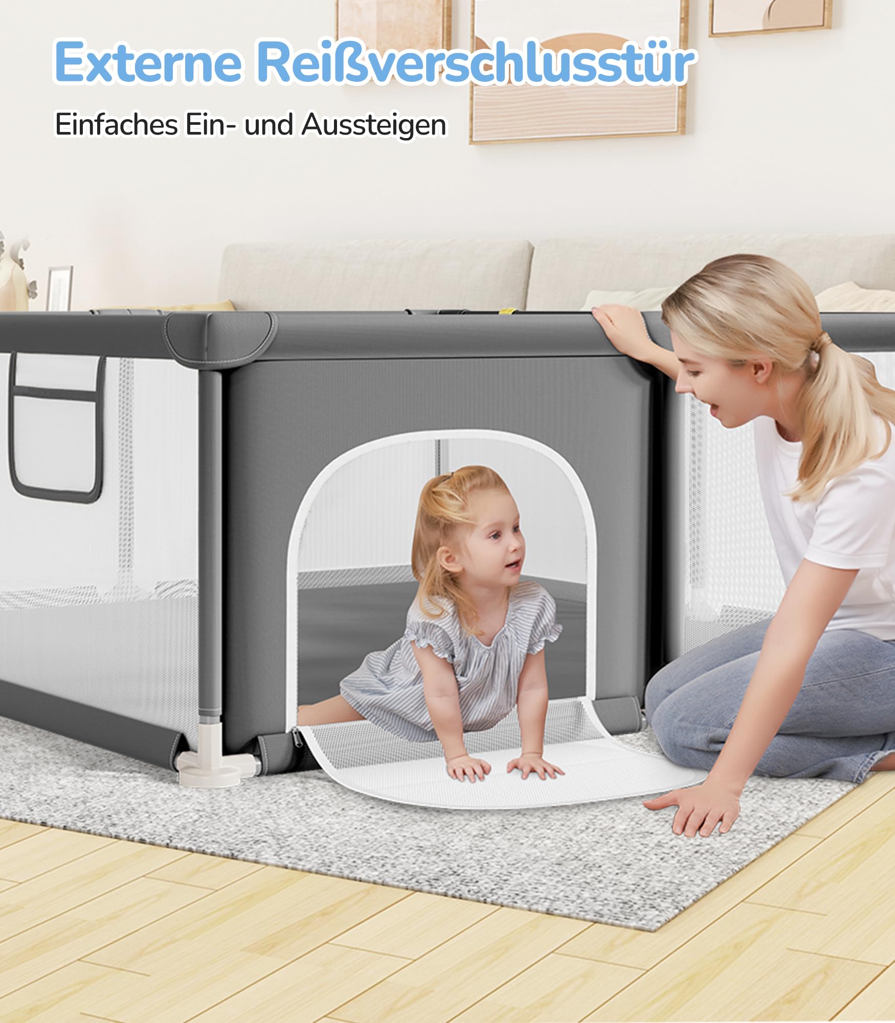 Dripex Laufstall Baby, Kompakter Laufgitter Baby ideal für kleine Räume, Indoor & Outdoor Laufgitter & -Ställe mit Atmungsaktivem Netz & Pull-up Rings, 124x124cm, Dunkelgrau