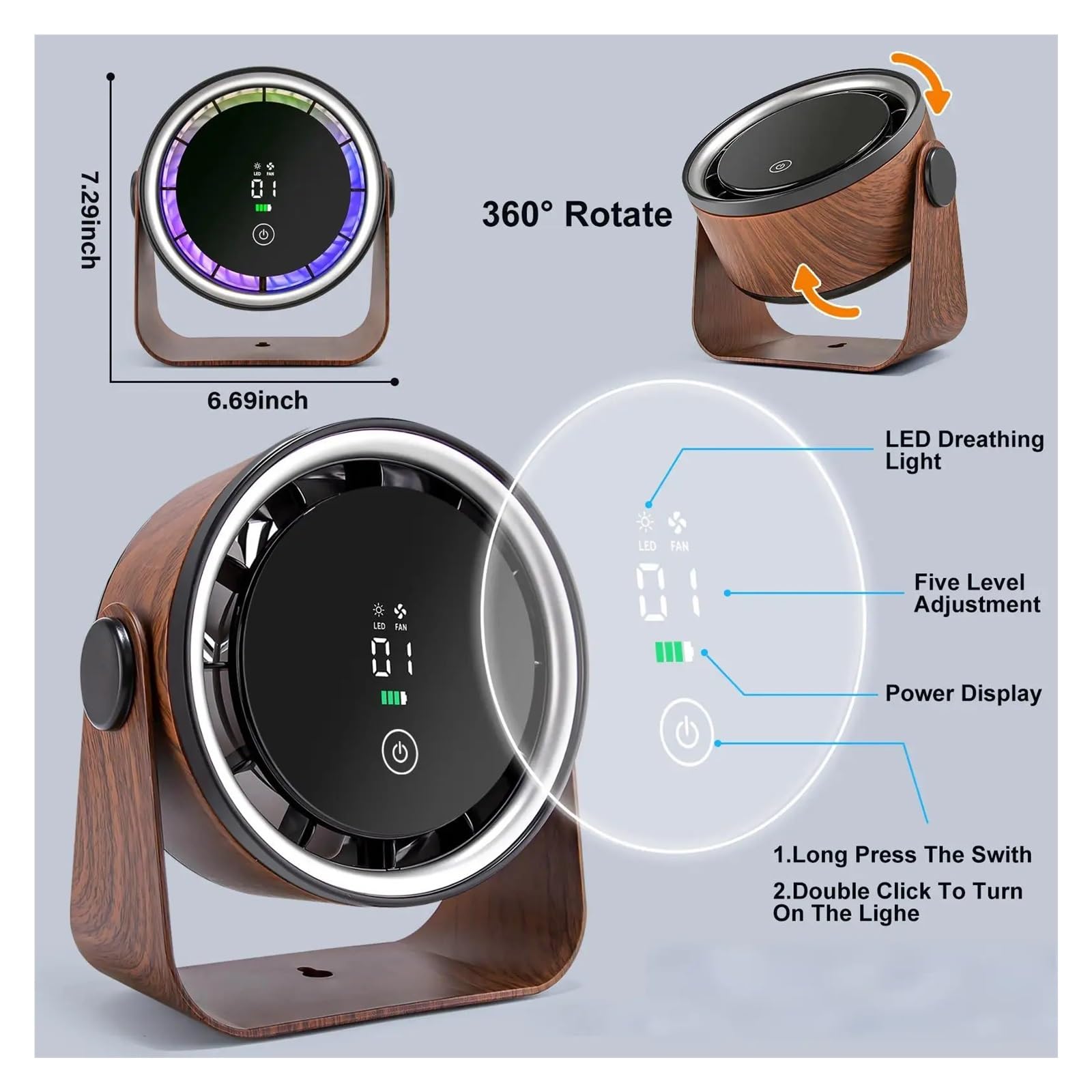 Generico Mini ventilatore ricaricabile for scrivania e parete | 5000 mAh, 5 velocità, rotazione a 360°, luce notturna, montabile a parete(Light wood grain)