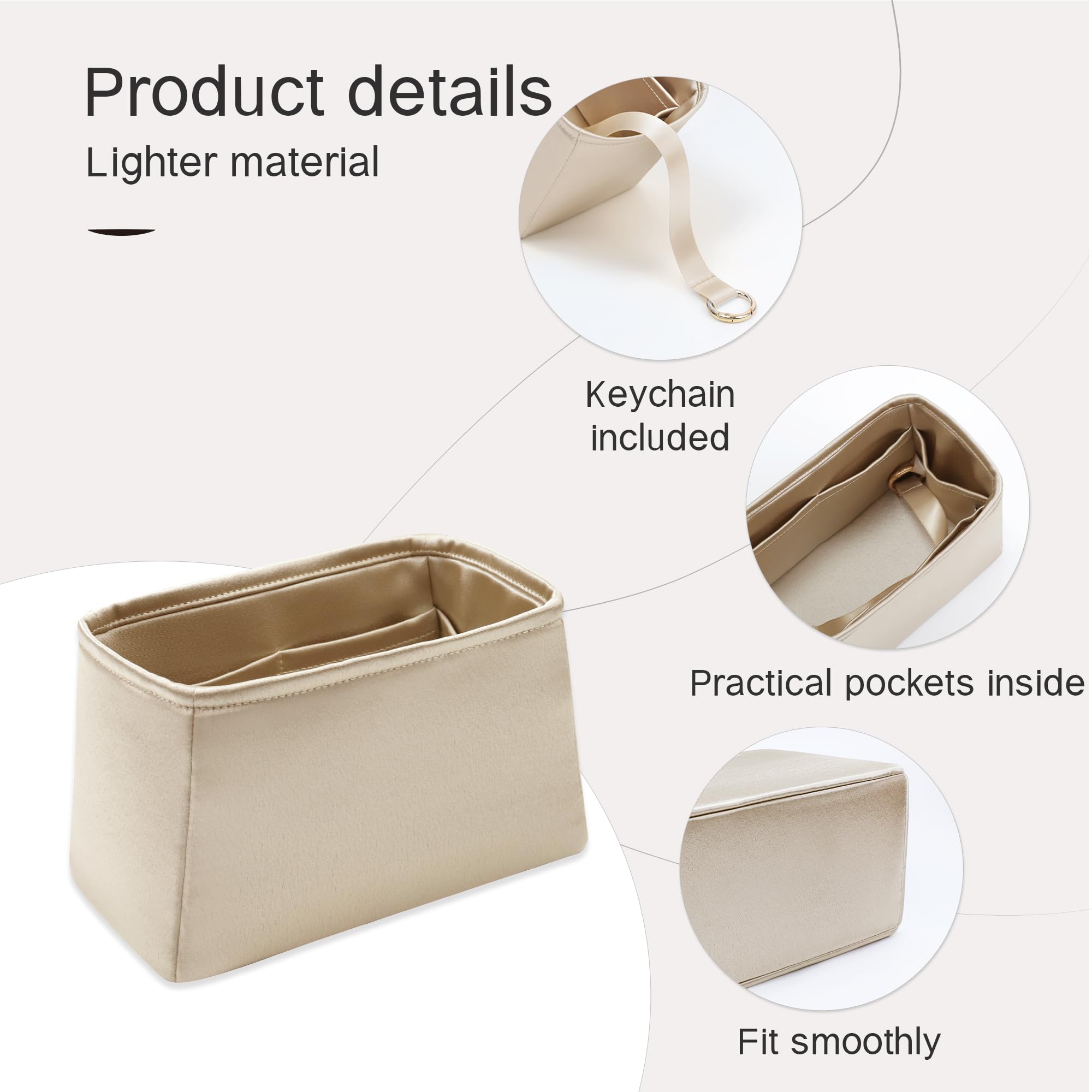 Organizador de monedero para bolsos, organizador de bolsas de seda para bolsa y bolso de lujo, bolsa de mano, suave y sedosa, organizador de bolsas compatible con Lindy 19 (LD19, champán)
