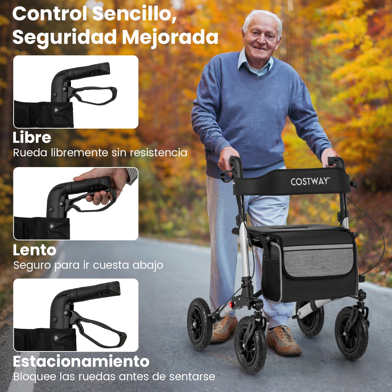 COSTWAY Andador para Ancianos con Asiento, Taca Taca Adultos Plegable, Altura Ajustable 81,5 a 97 cm, 4 Ruedas de Neumáticos, Caminadores para Mayores, Estructura de Aluminio Ligera (plata)