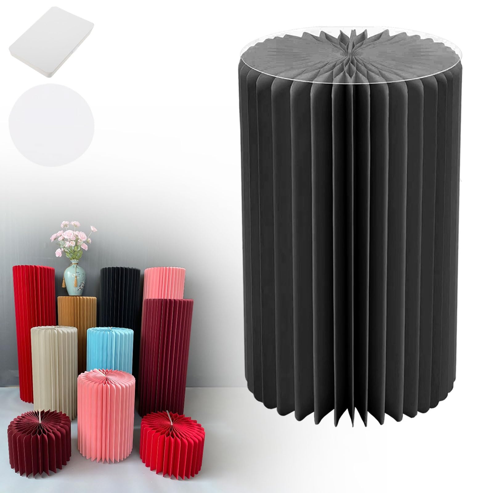 YTBHSHXZ plinth， Foldable Cardboard Cylinder Pedestal Stand With Transparent Plate Multicolor 20-100cm(Black,H 60cm)