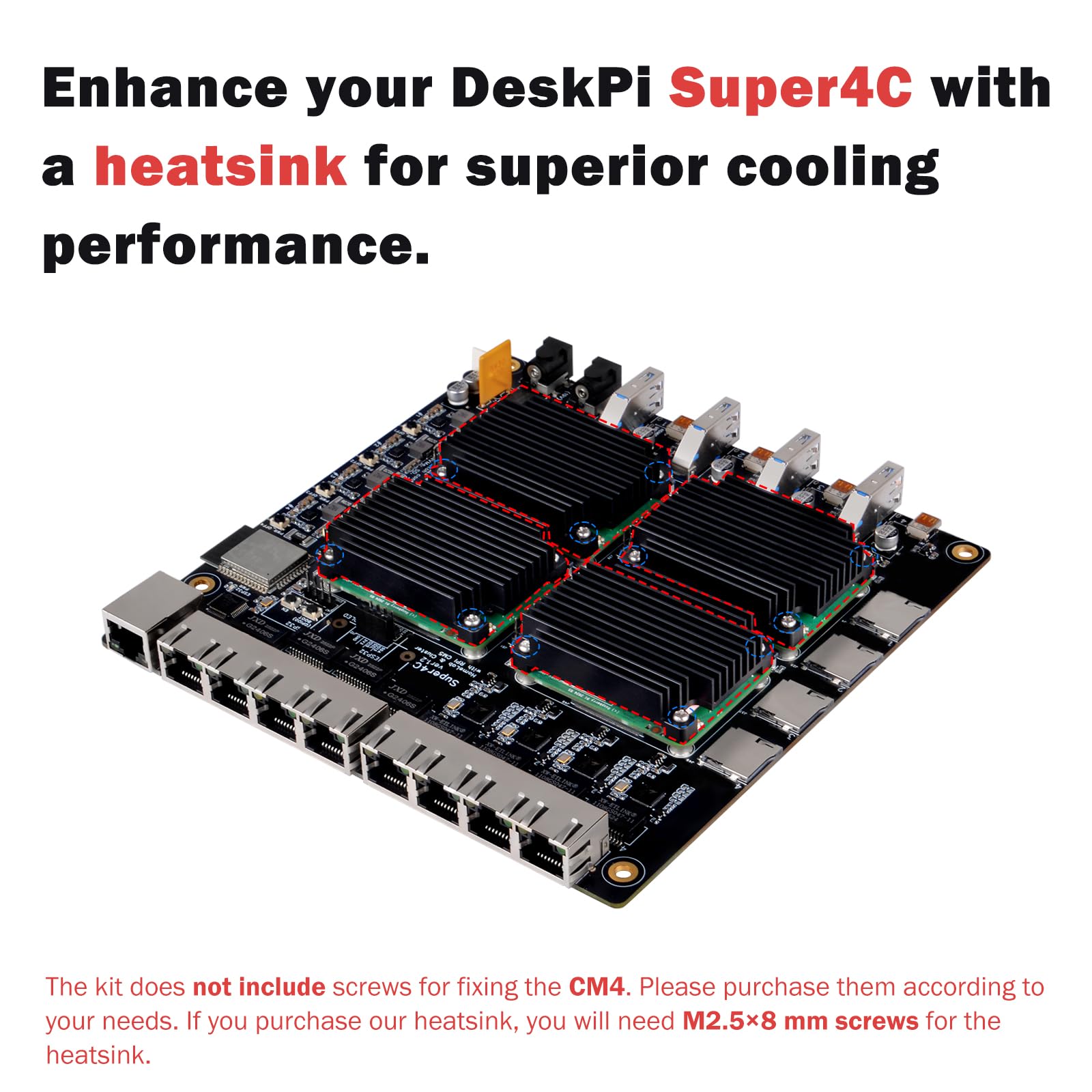 DeskPi Super4C para Raspberry Pi Compute Module 5, Cluster Mini-ITX Board Soporta 4 CM5, 2.5GbE + red 1GbE, M.2 NVMe, montaje en rack de 1U, incluye fuente de alimentación de 89 W