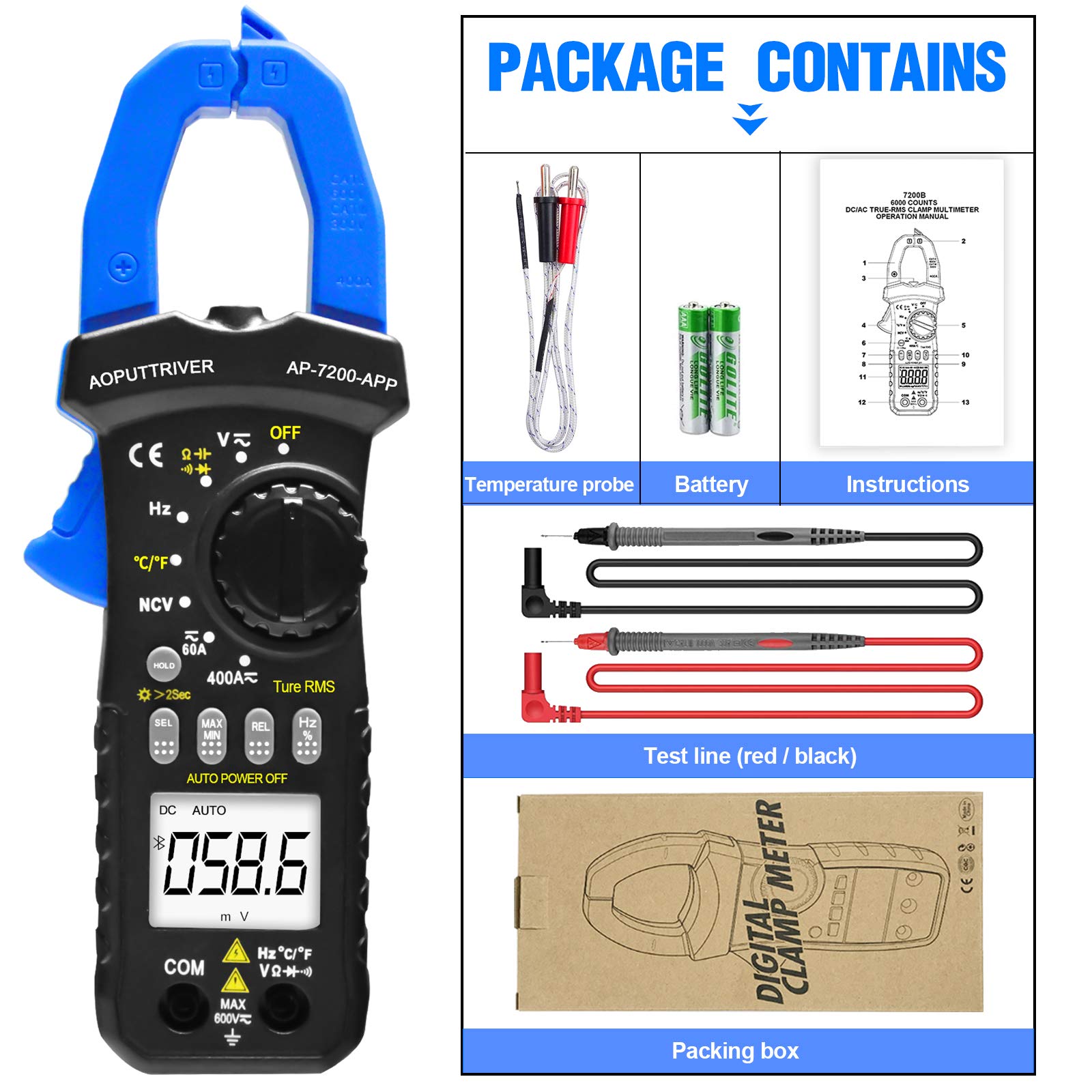 Bluetooth Clamp Meter AC DC AMP Meter AP7200APP Autoranging 6000
