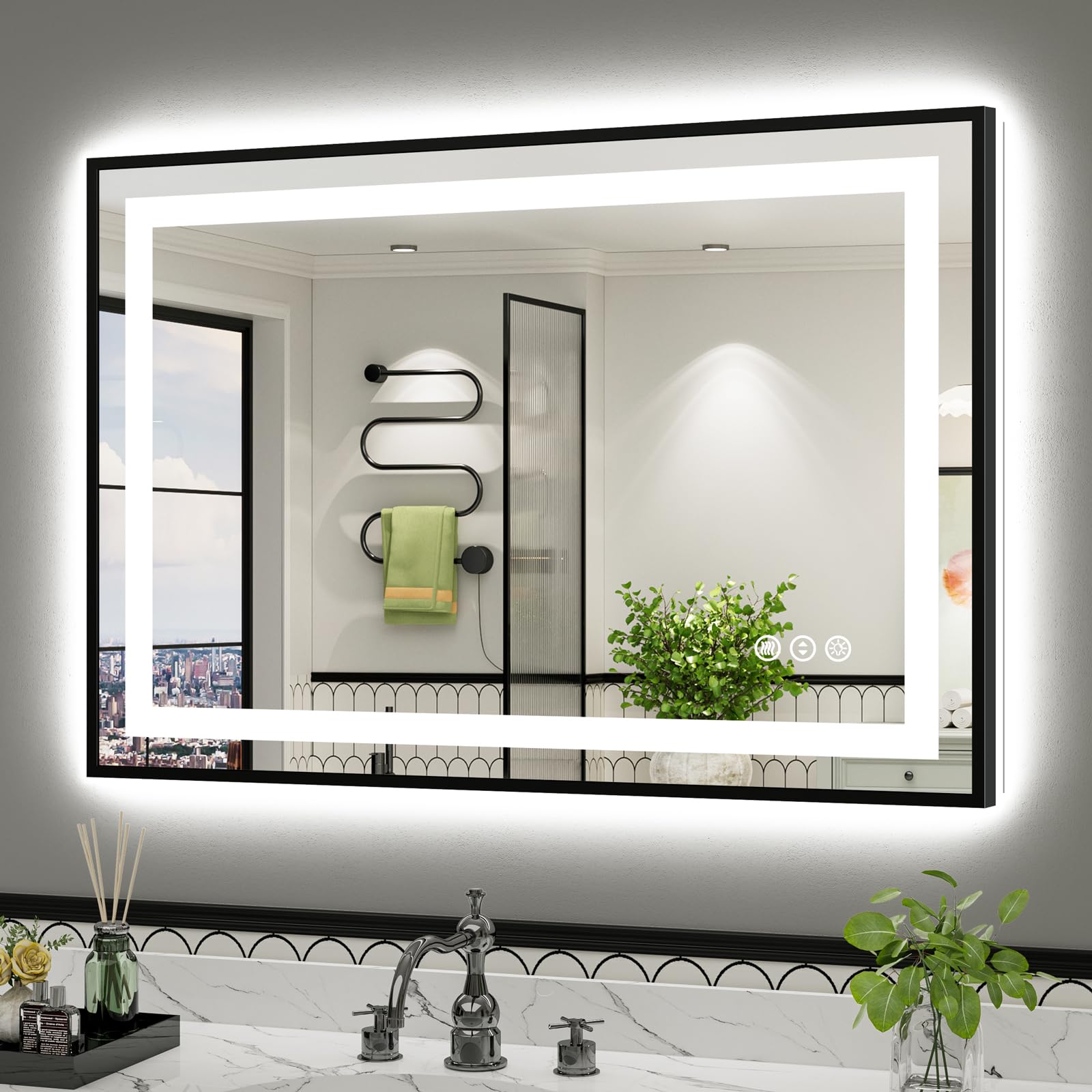 44x30 Inch LED Bathroom Mirror with Black Frame, Backlit &amp; Front Lit