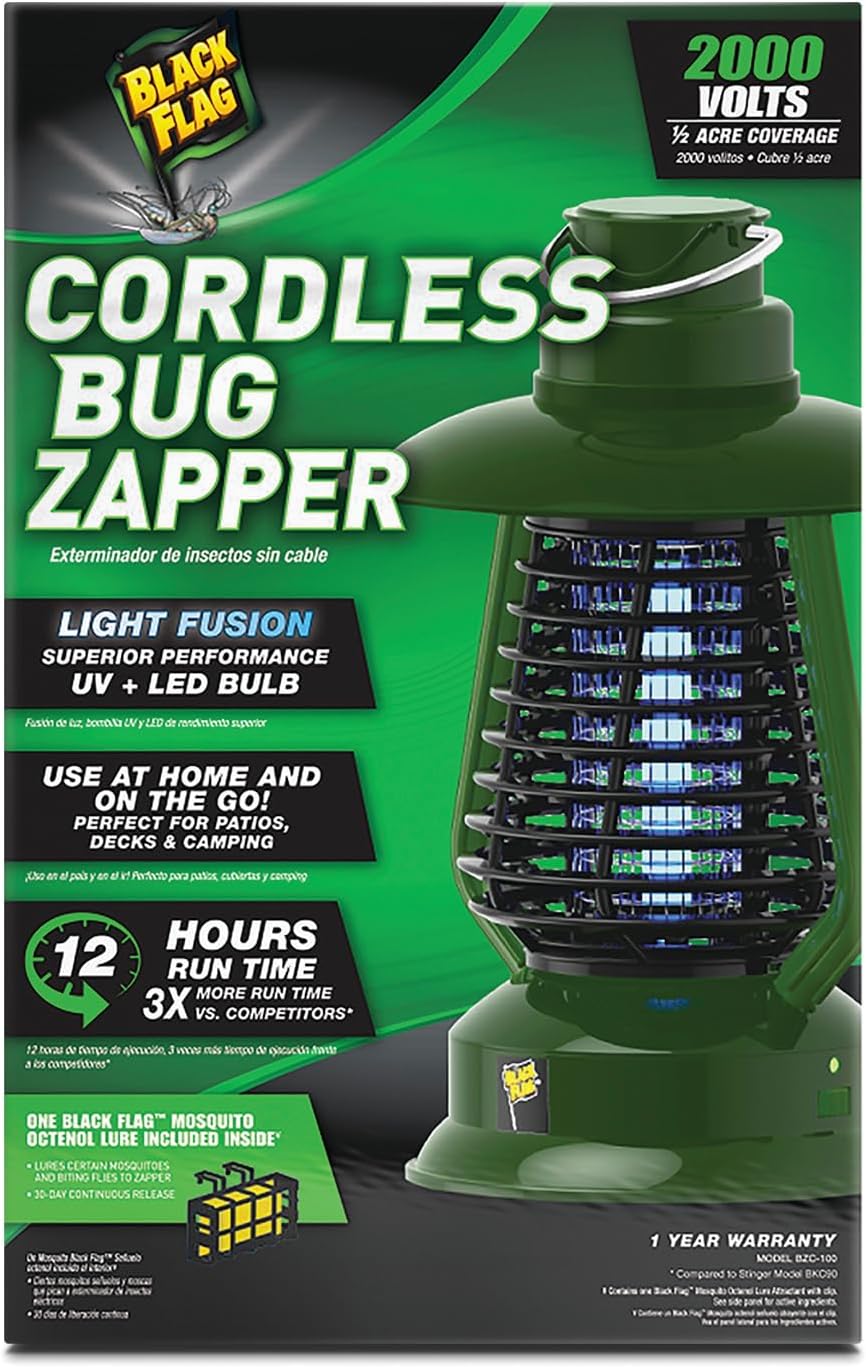 Black Flag 2000v Bug Zapper Lantern | Rechargeable Indoor/Outdoor Fly Zapper | 12-Hour Electric UV Pest Control (Green)