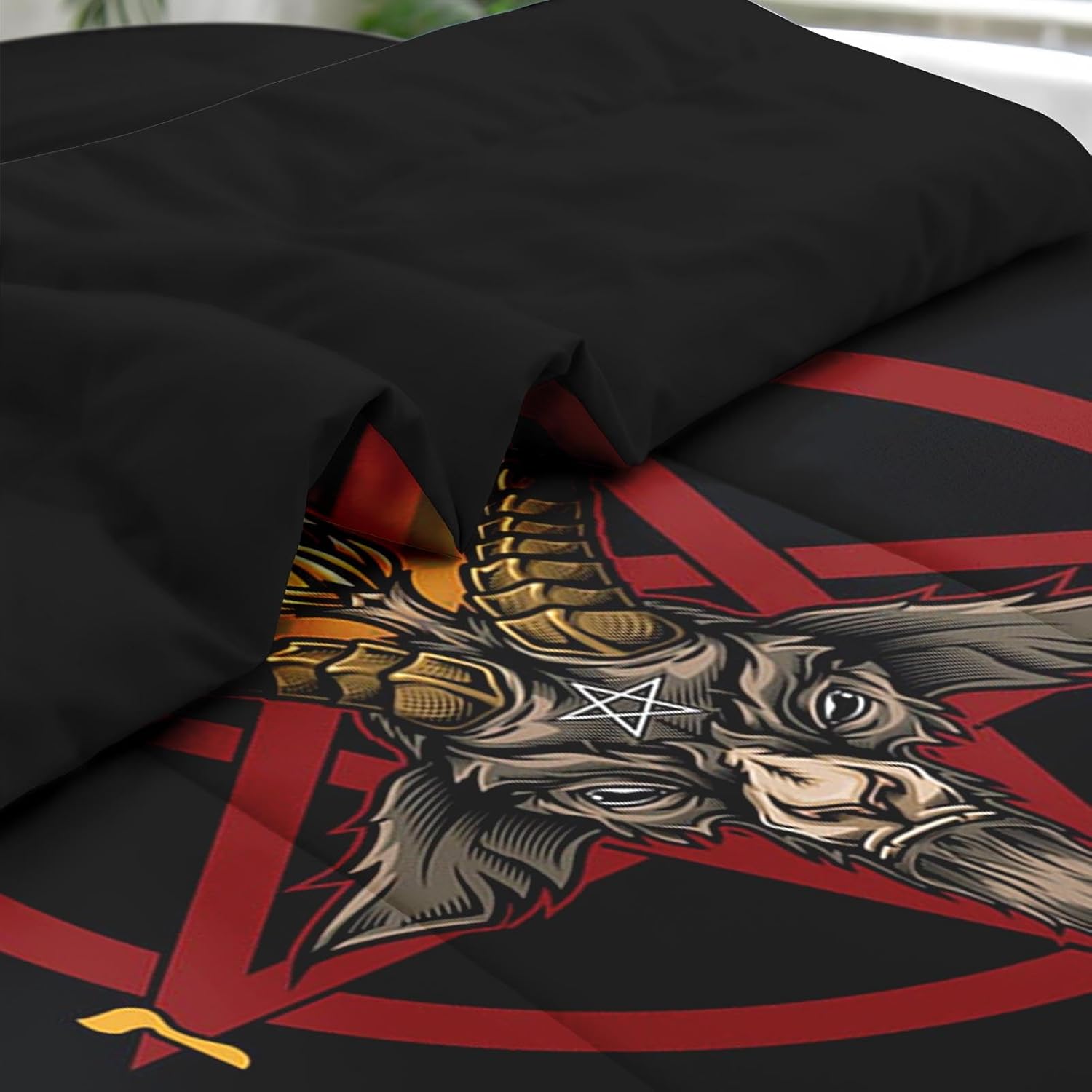 Comforter Set Queen Size, Baphomet Red Pentagram 7 Pcs Bedding for Kids and Adults, Vintage Halloween Goat Black Bed Sheet Sets with Fitted Sheet 2 Pillowcase & 2 Sham for Bedroom Bed Decor - Image 5