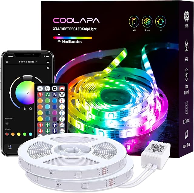 COOLAPA LED Strip Lights 30M with 600 Bright RGB 5050 LEDs, LED Lights for Bedroom, LED Lights App Control with Remote and Control Box, Music Sync Apply for Home Kitchen DIY Decoration, 2×15M