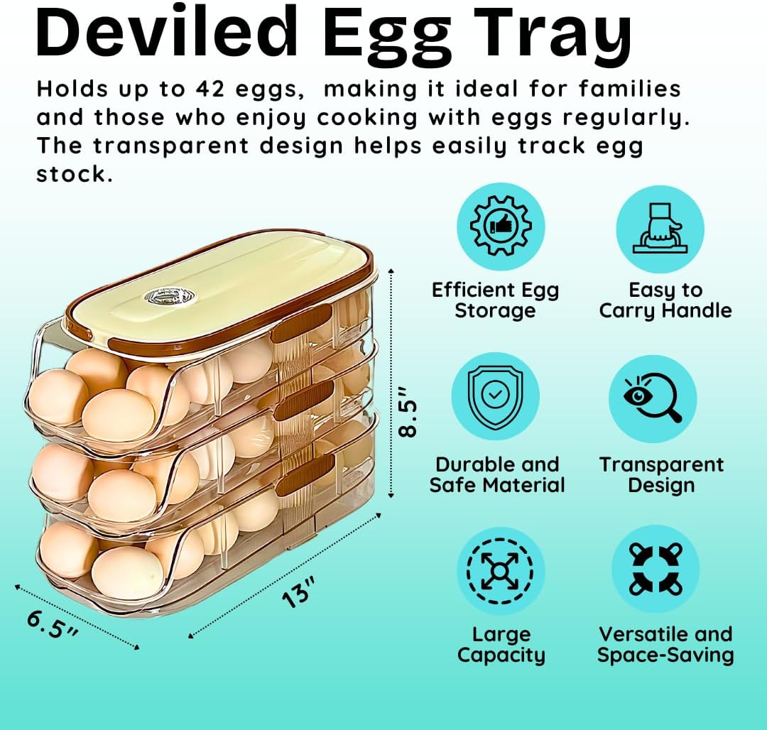3-Tier Eggs Organizer for Refrigerator, Rolling Egg Dispenser with Time Tracker, Stackable BPA-Free Egg Storage Container, Holds 42 Eggs, Fresh Egg Holder for Countertop